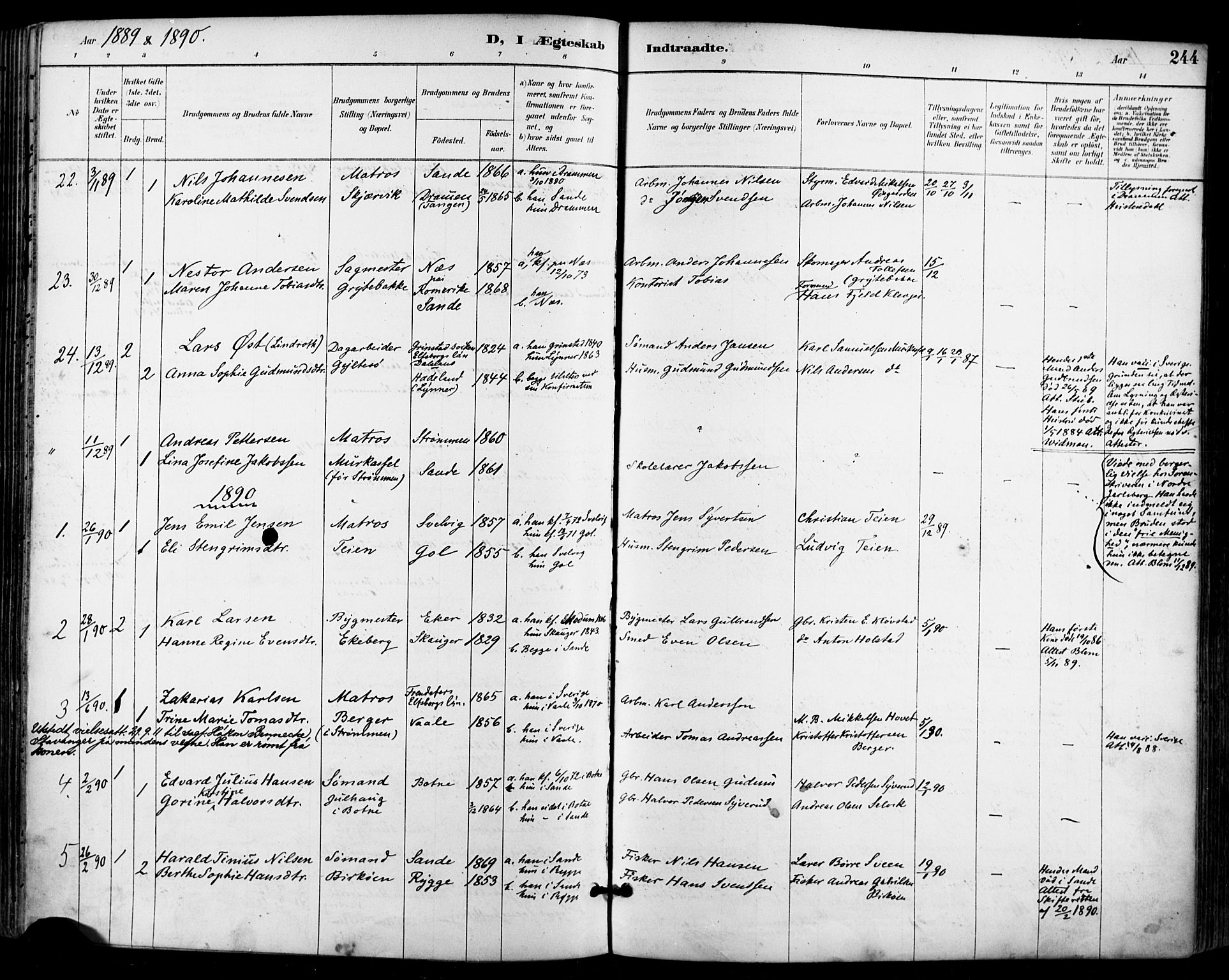 Sande Kirkebøker, AV/SAKO-A-53/F/Fa/L0007: Ministerialbok nr. 7, 1888-1903, s. 244