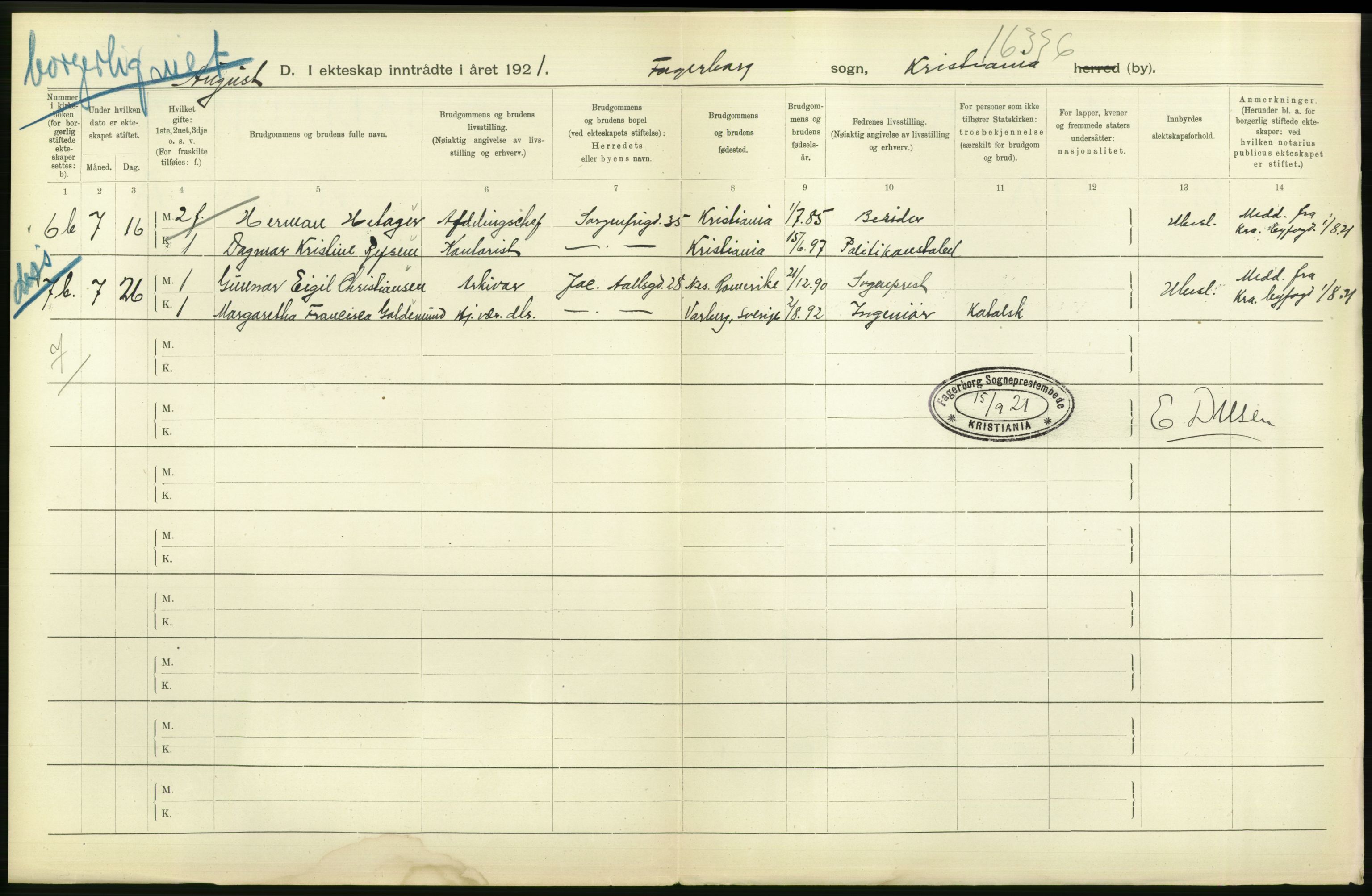 Statistisk sentralbyrå, Sosiodemografiske emner, Befolkning, AV/RA-S-2228/D/Df/Dfc/Dfca/L0011: Kristiania: Gifte, 1921, s. 302