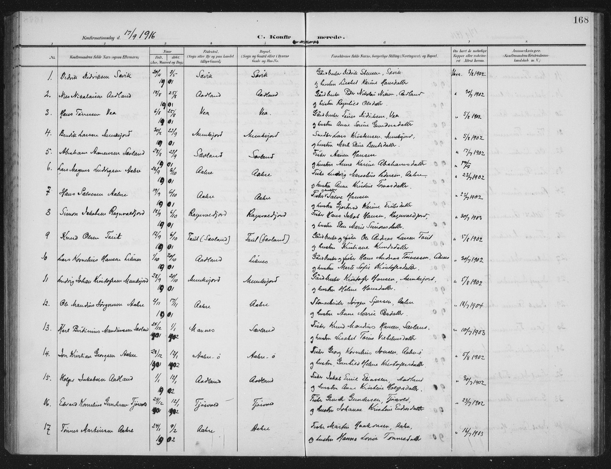 Kopervik sokneprestkontor, AV/SAST-A-101850/H/Ha/Haa/L0005: Ministerialbok nr. A 5, 1906-1924, s. 168