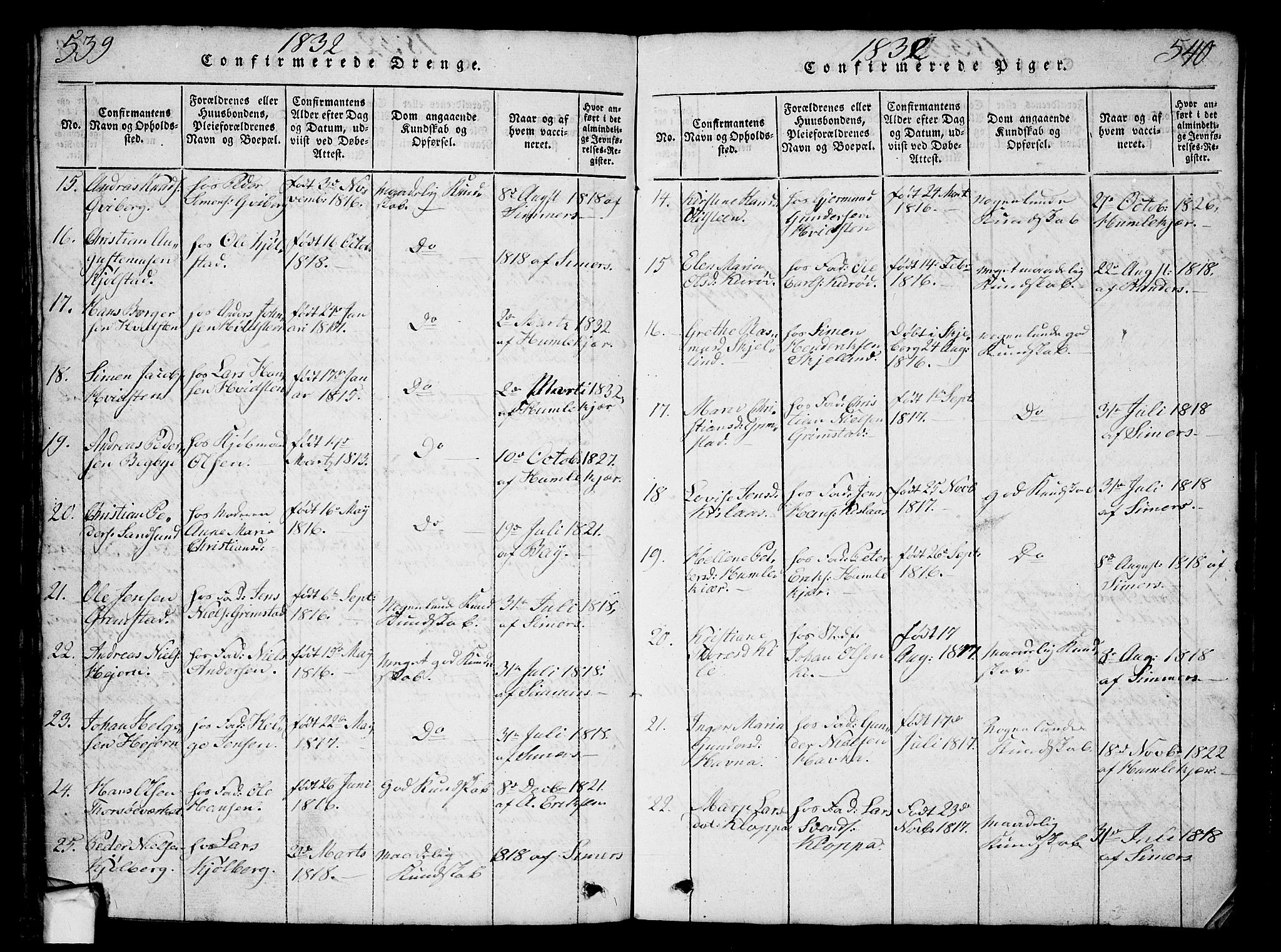 Borge prestekontor Kirkebøker, AV/SAO-A-10903/G/Ga/L0001: Klokkerbok nr.  I 1, 1815-1835, s. 539-540