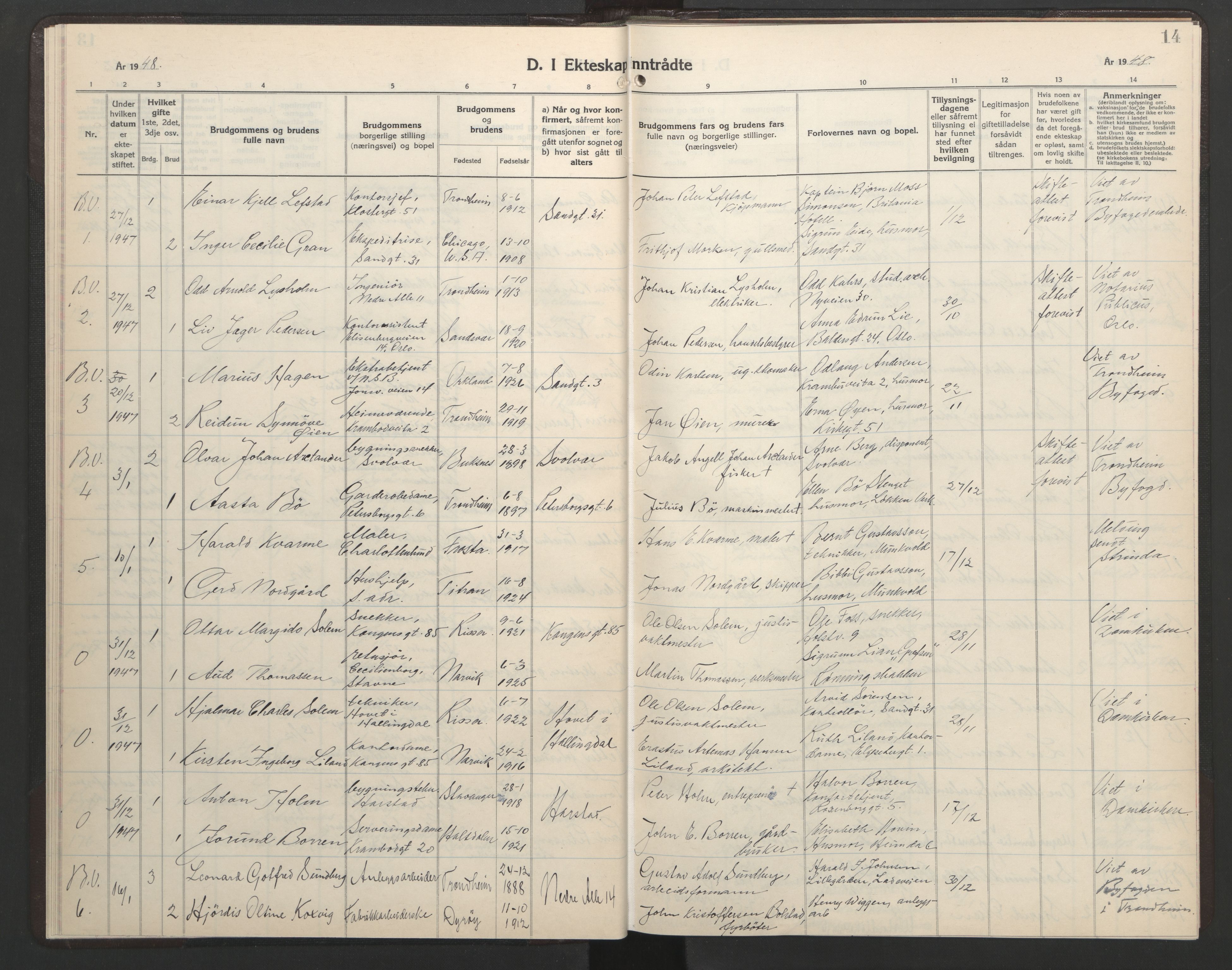 Ministerialprotokoller, klokkerbøker og fødselsregistre - Sør-Trøndelag, SAT/A-1456/602/L0155: Klokkerbok nr. 602C23, 1947-1950, s. 14