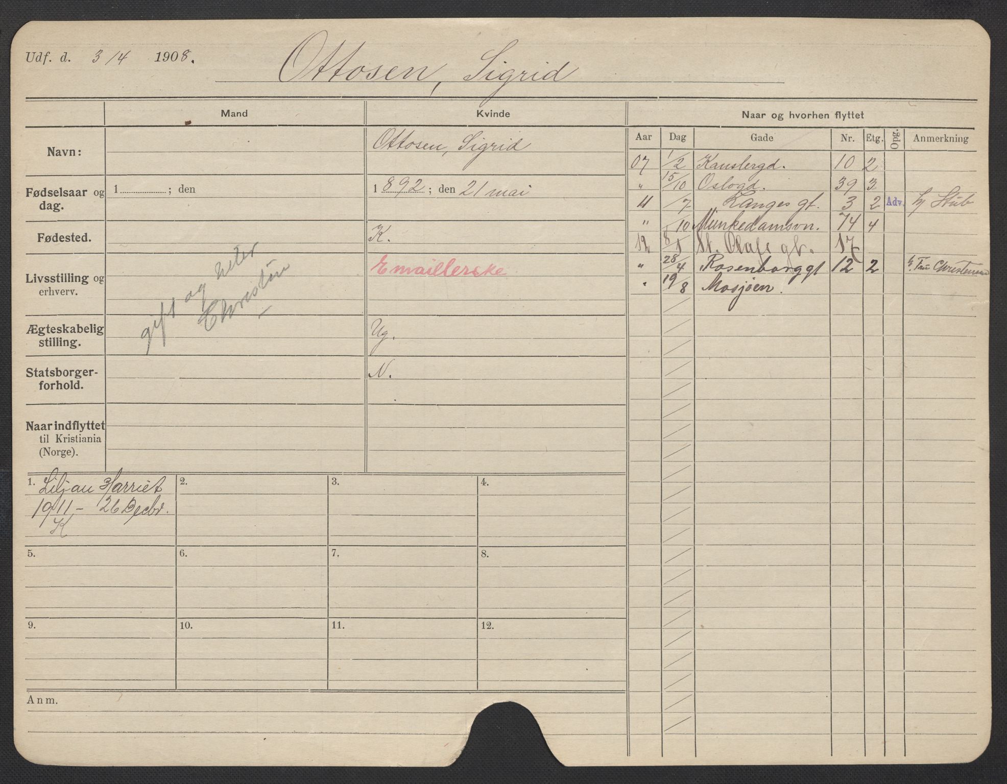 Oslo folkeregister, Registerkort, AV/SAO-A-11715/F/Fa/Fac/L0022: Kvinner, 1906-1914, s. 500a