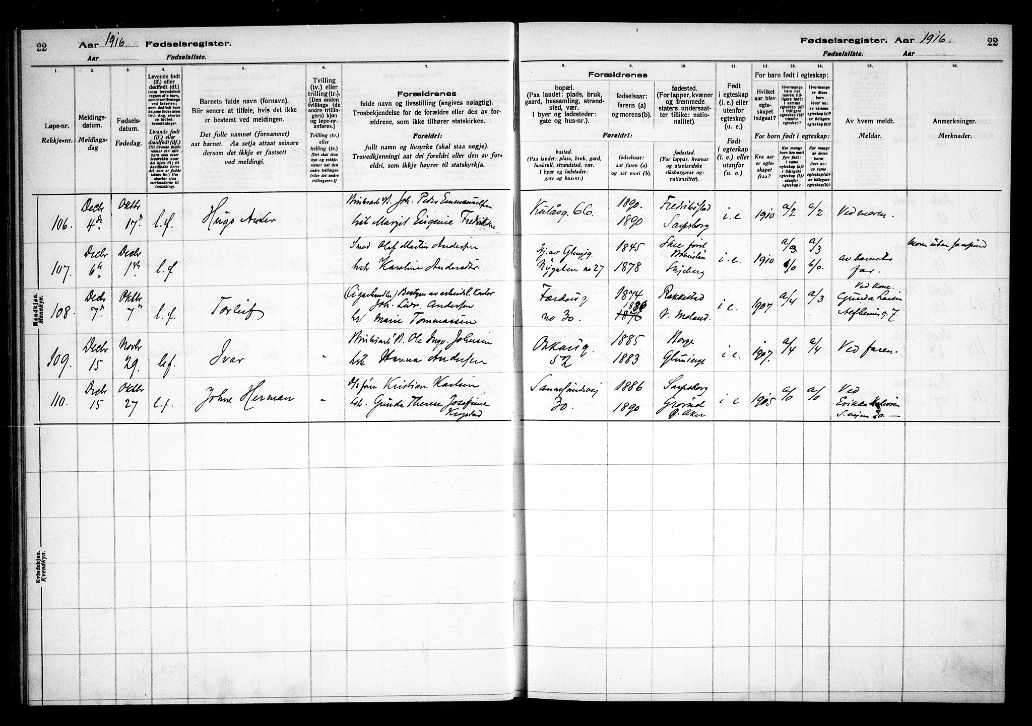 Sarpsborg prestekontor Kirkebøker, AV/SAO-A-2006/J/Ja/L0001: Fødselsregister nr. 1, 1916-1922, s. 22