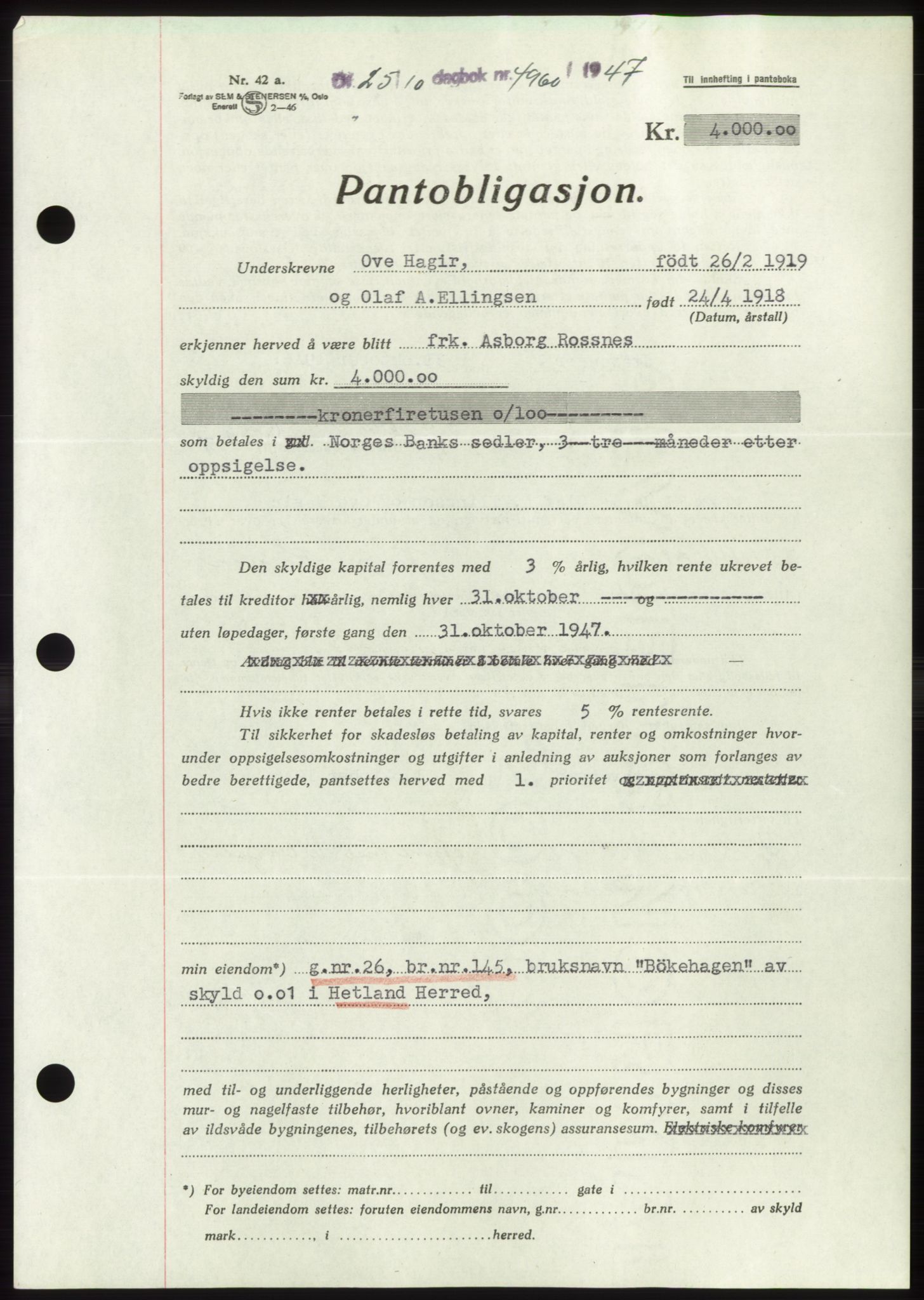 Jæren sorenskriveri, SAST/A-100310/03/G/Gba/L0096: Pantebok, 1947-1947, Dagboknr: 4960/1947
