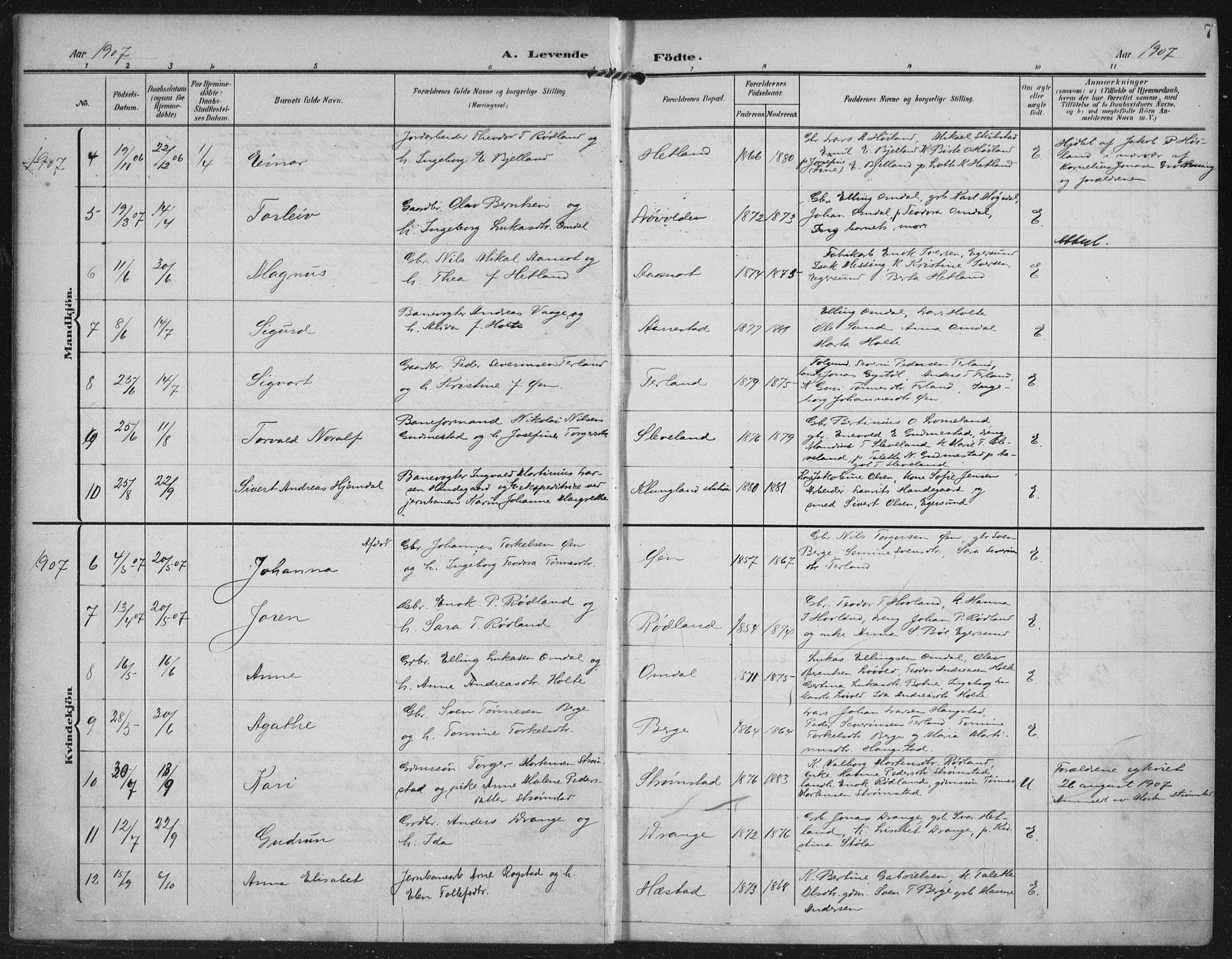 Helleland sokneprestkontor, AV/SAST-A-101810: Ministerialbok nr. A 12, 1906-1923, s. 7