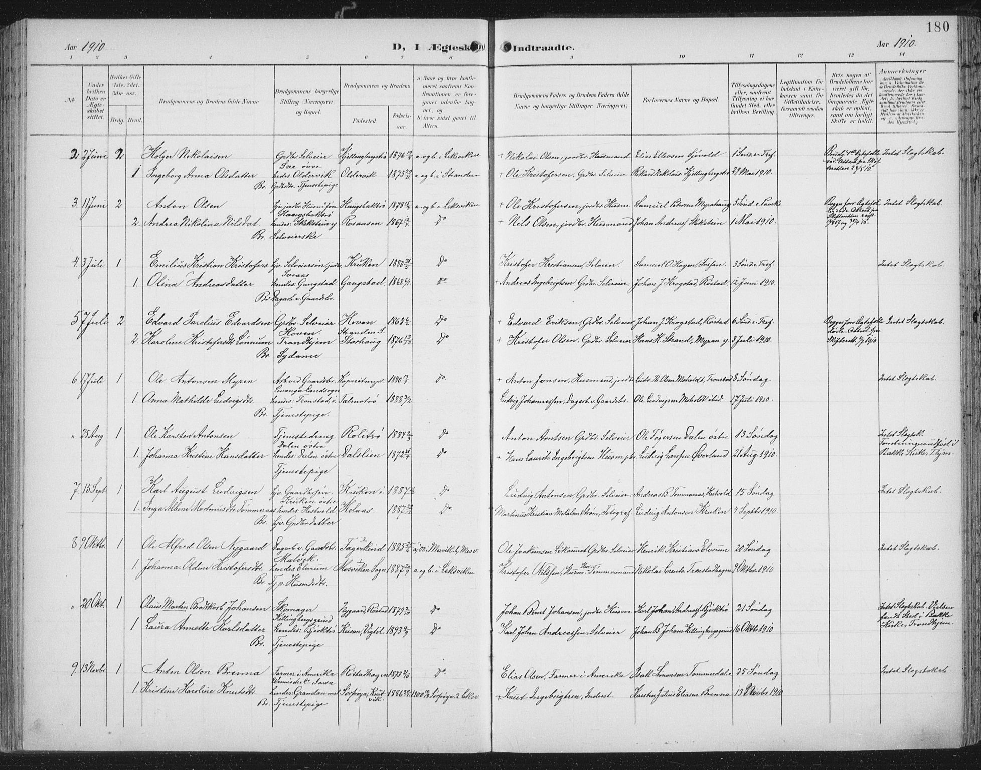 Ministerialprotokoller, klokkerbøker og fødselsregistre - Nord-Trøndelag, SAT/A-1458/701/L0011: Ministerialbok nr. 701A11, 1899-1915, s. 180