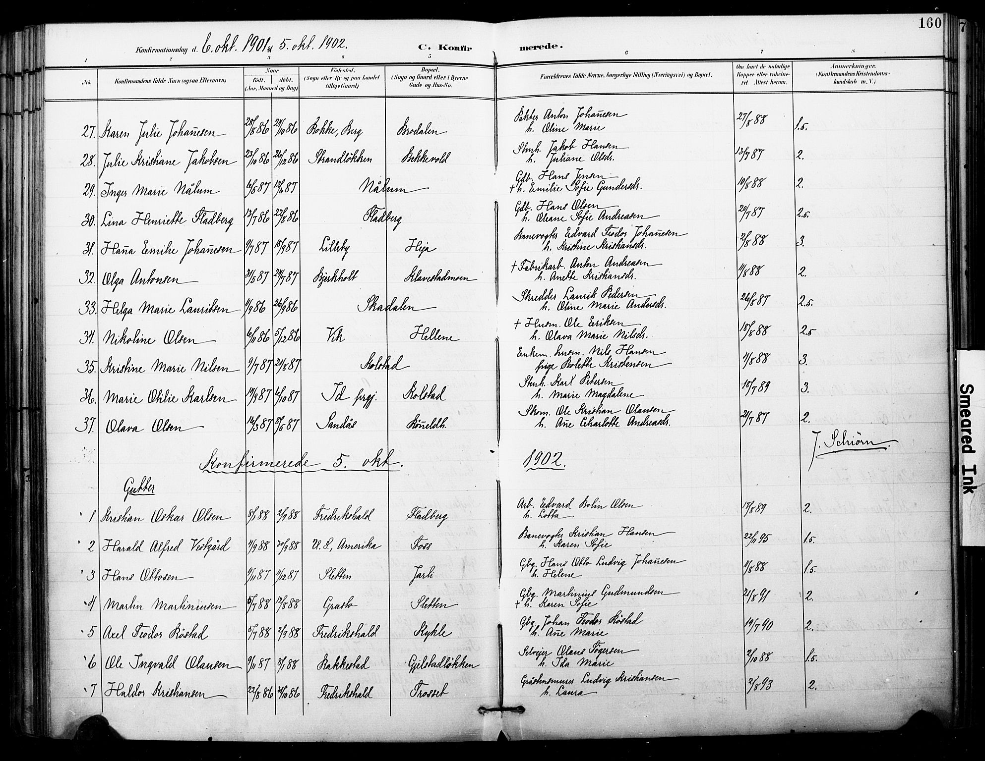 Skjeberg prestekontor Kirkebøker, AV/SAO-A-10923/F/Fa/L0010: Ministerialbok nr. I 10, 1898-1911, s. 160