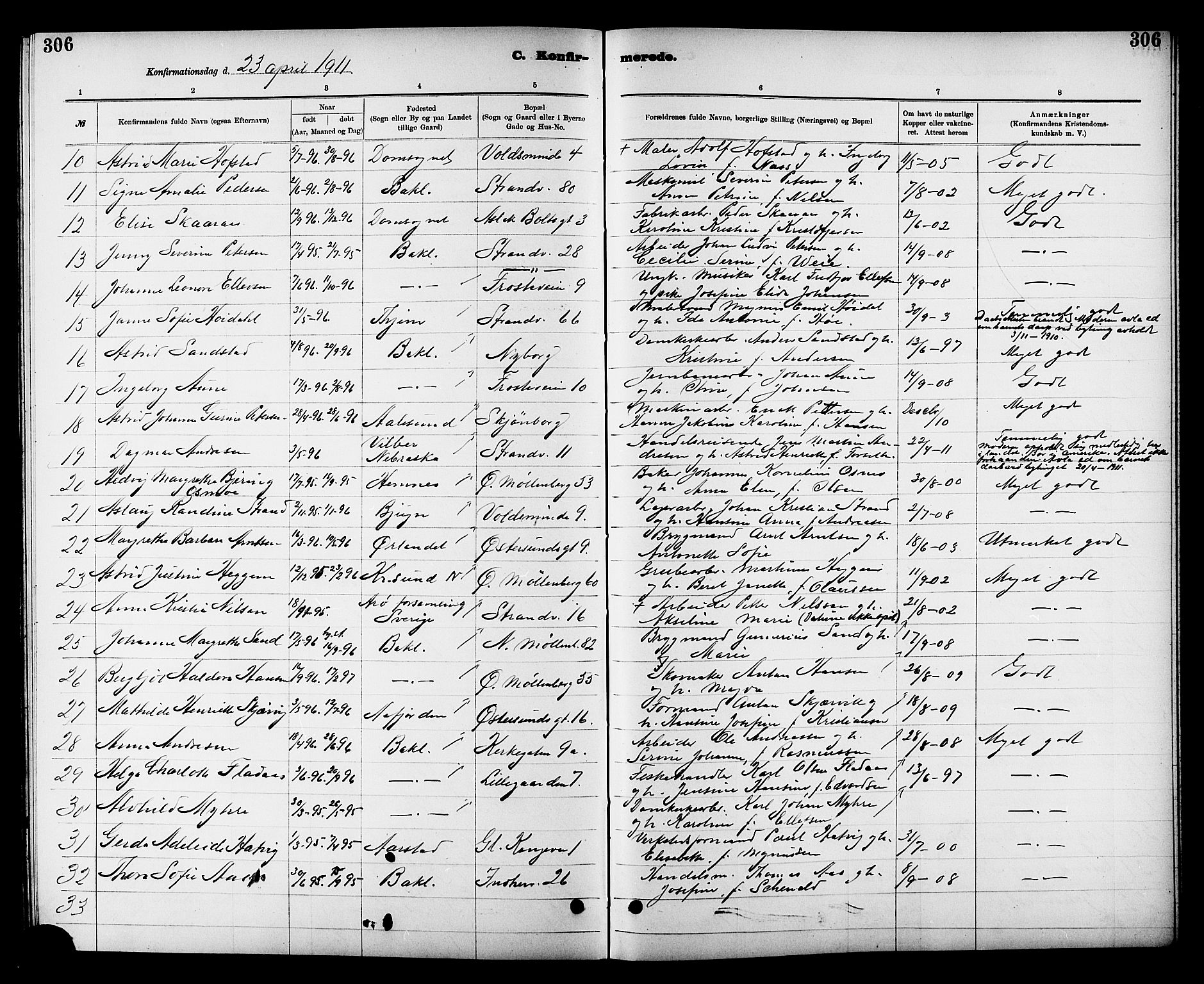 Ministerialprotokoller, klokkerbøker og fødselsregistre - Sør-Trøndelag, SAT/A-1456/605/L0254: Klokkerbok nr. 605C01, 1908-1916, s. 306