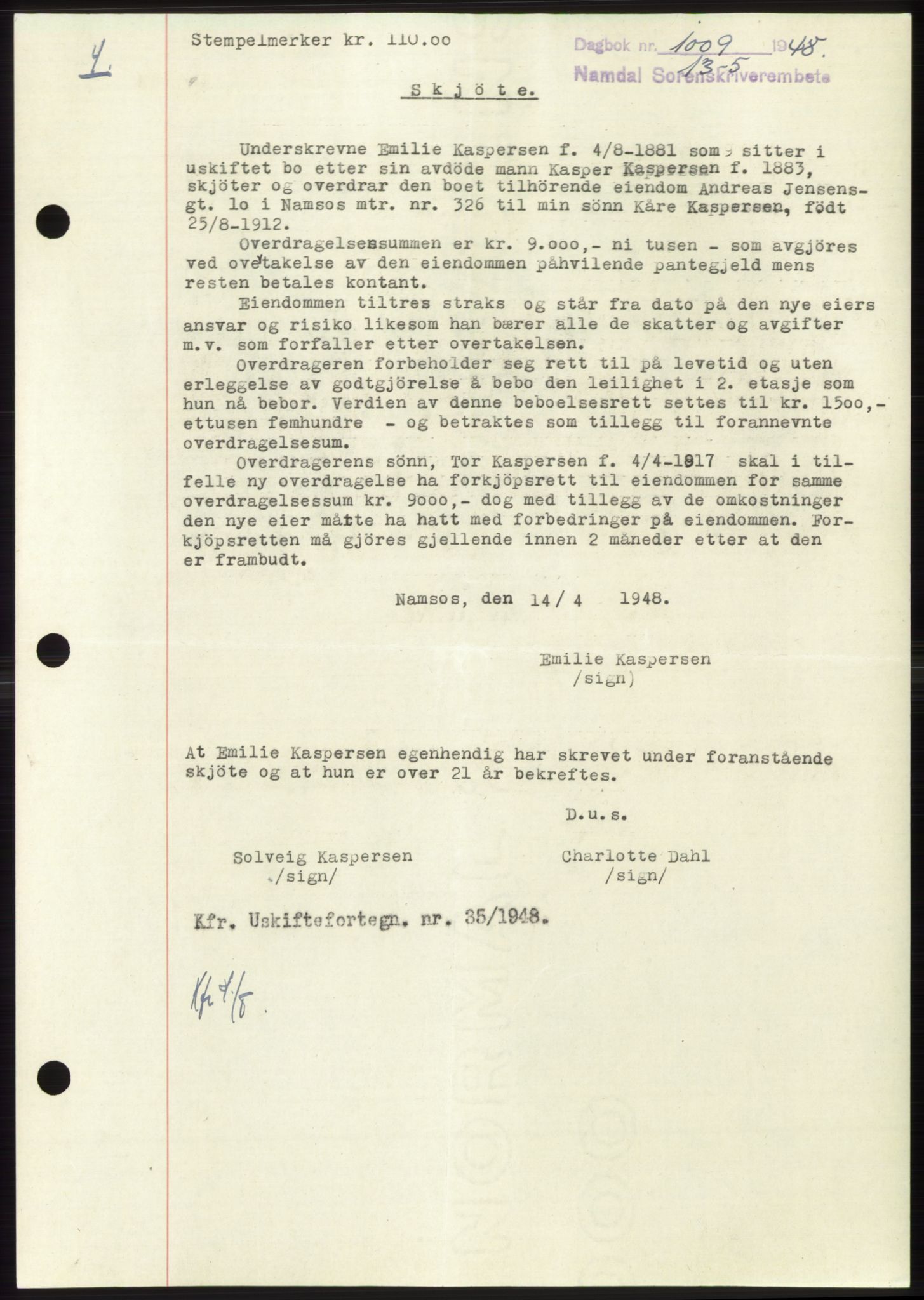Namdal sorenskriveri, SAT/A-4133/1/2/2C: Pantebok nr. -, 1947-1948, Dagboknr: 1009/1948