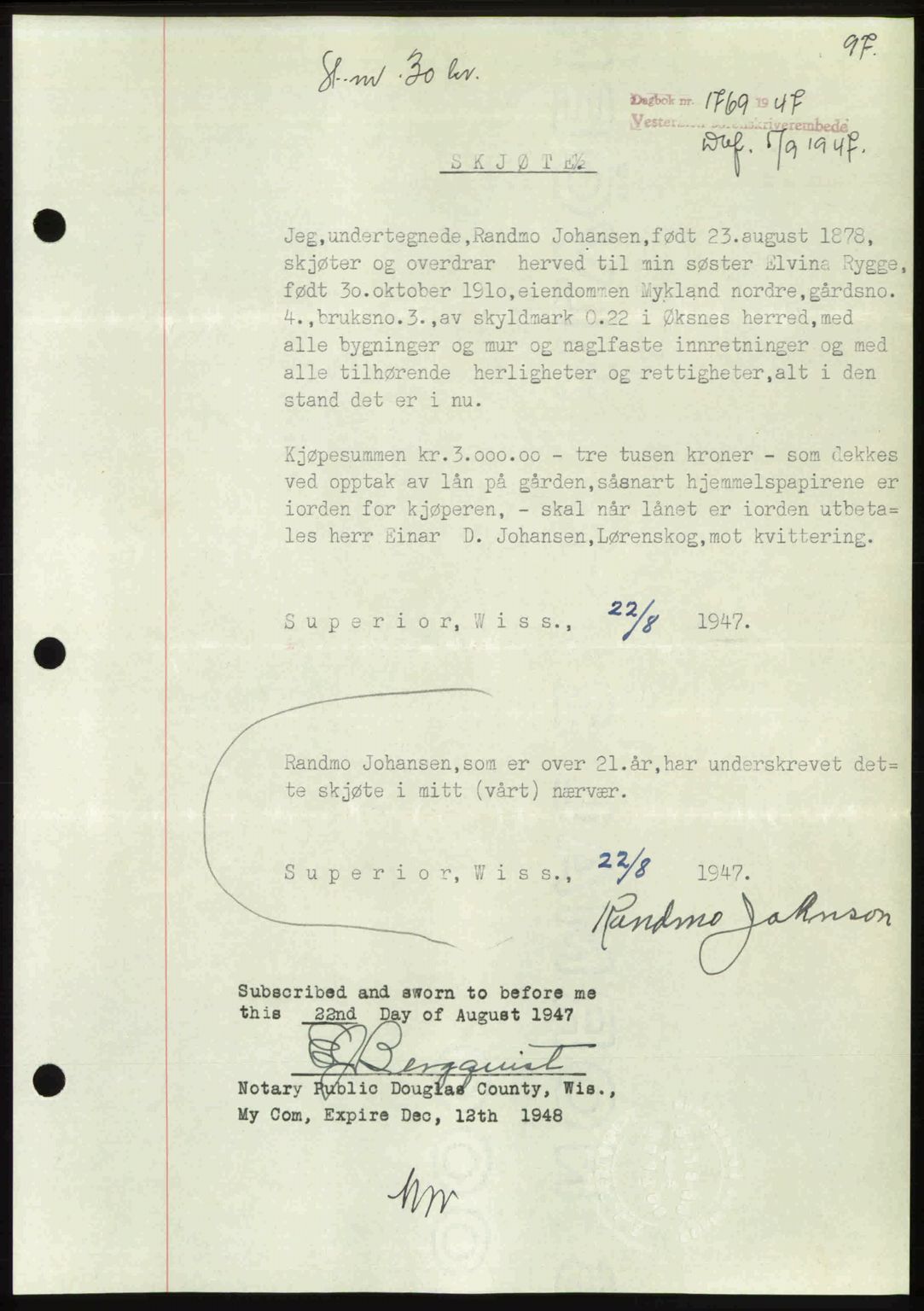 Vesterålen sorenskriveri, SAT/A-4180/1/2/2Ca: Pantebok nr. A21, 1947-1947, Dagboknr: 1769/1947