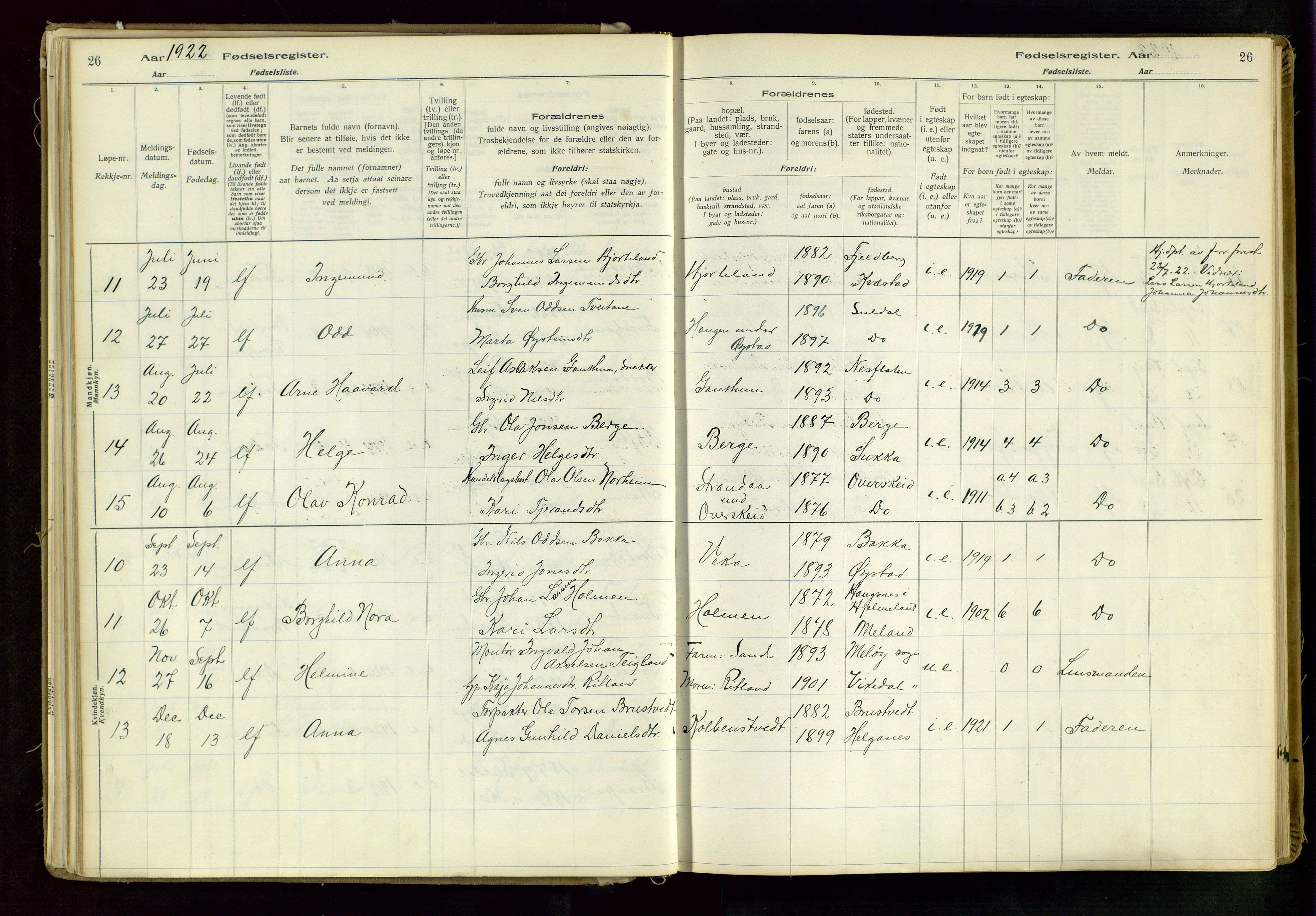 Suldal sokneprestkontor, AV/SAST-A-101845/03/A/L0002: Fødselsregister nr. 2, 1916-1982, s. 26