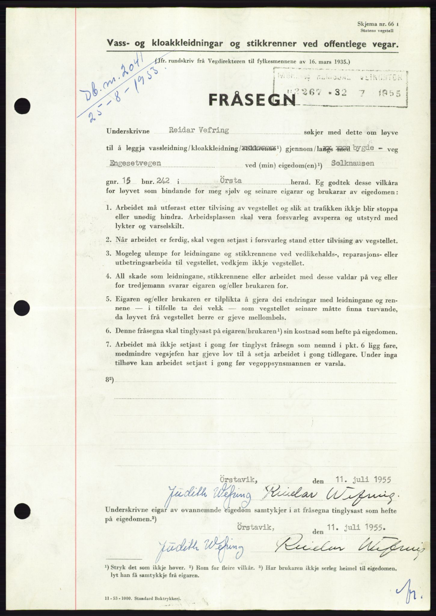 Søre Sunnmøre sorenskriveri, AV/SAT-A-4122/1/2/2C/L0101: Pantebok nr. 27A, 1955-1955, Dagboknr: 2041/1955