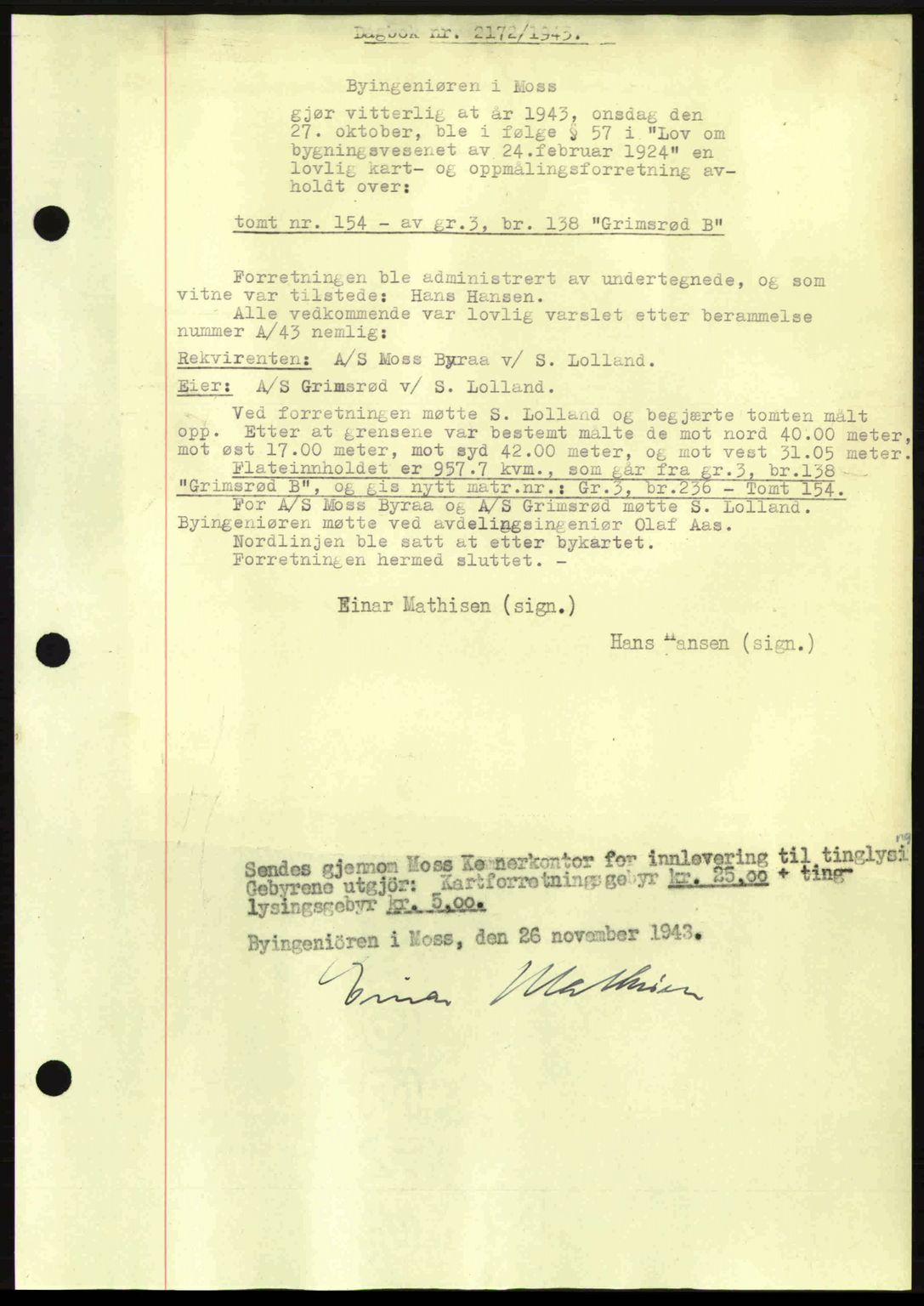 Moss sorenskriveri, SAO/A-10168: Pantebok nr. A12, 1943-1944, Dagboknr: 2172/1943