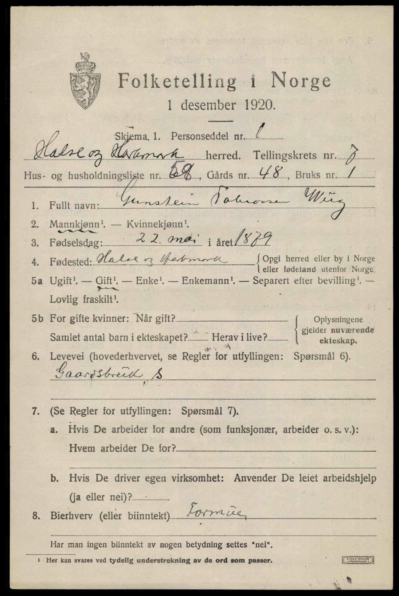 SAK, Folketelling 1920 for 1019 Halse og Harkmark herred, 1920, s. 4297