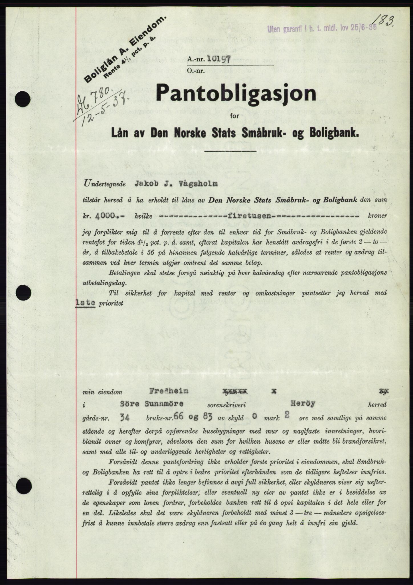 Søre Sunnmøre sorenskriveri, AV/SAT-A-4122/1/2/2C/L0063: Pantebok nr. 57, 1937-1937, Dagboknr: 780/1937