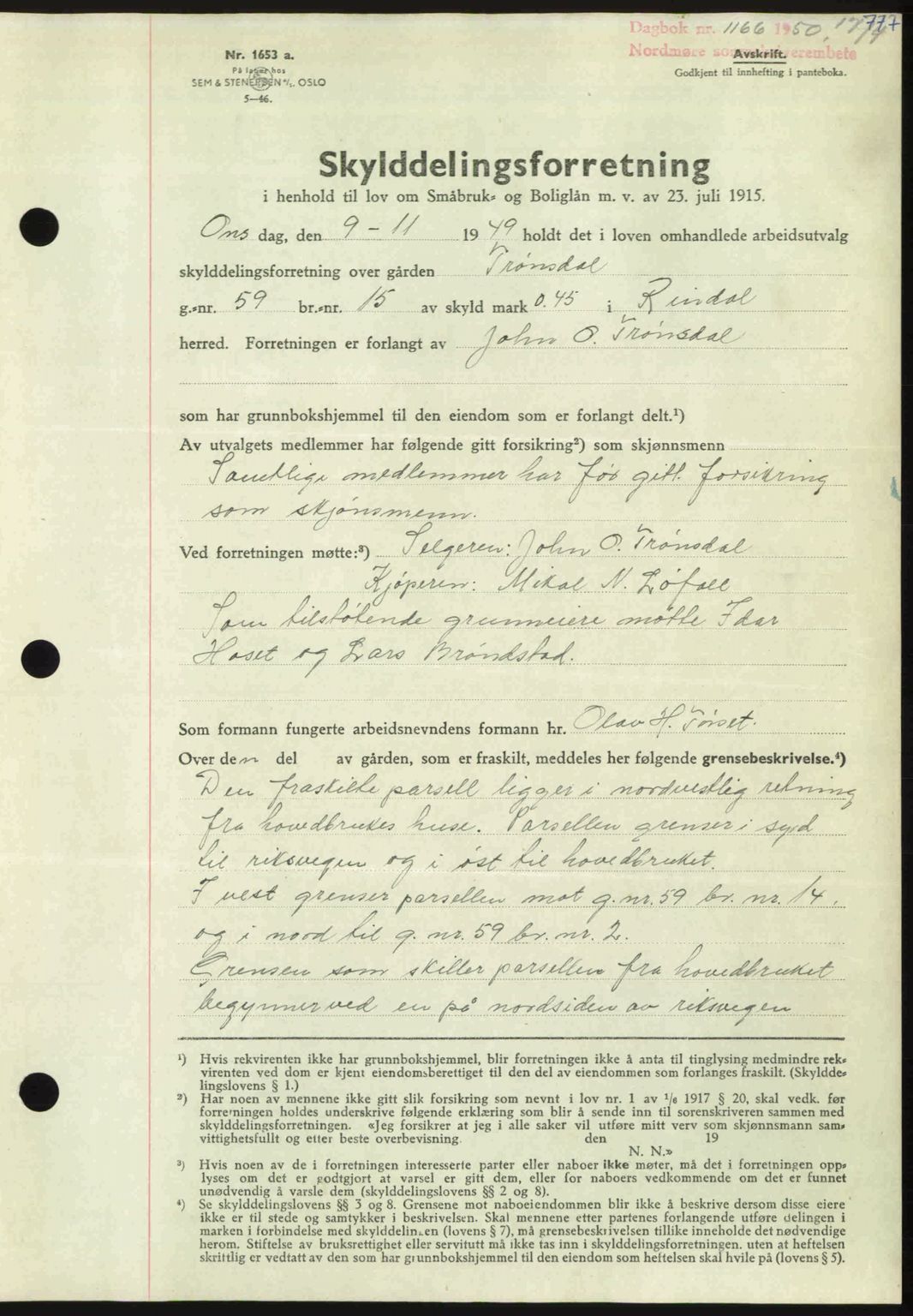 Nordmøre sorenskriveri, SAT/A-4132/1/2/2Ca: Pantebok nr. A114, 1950-1950, Dagboknr: 1166/1950