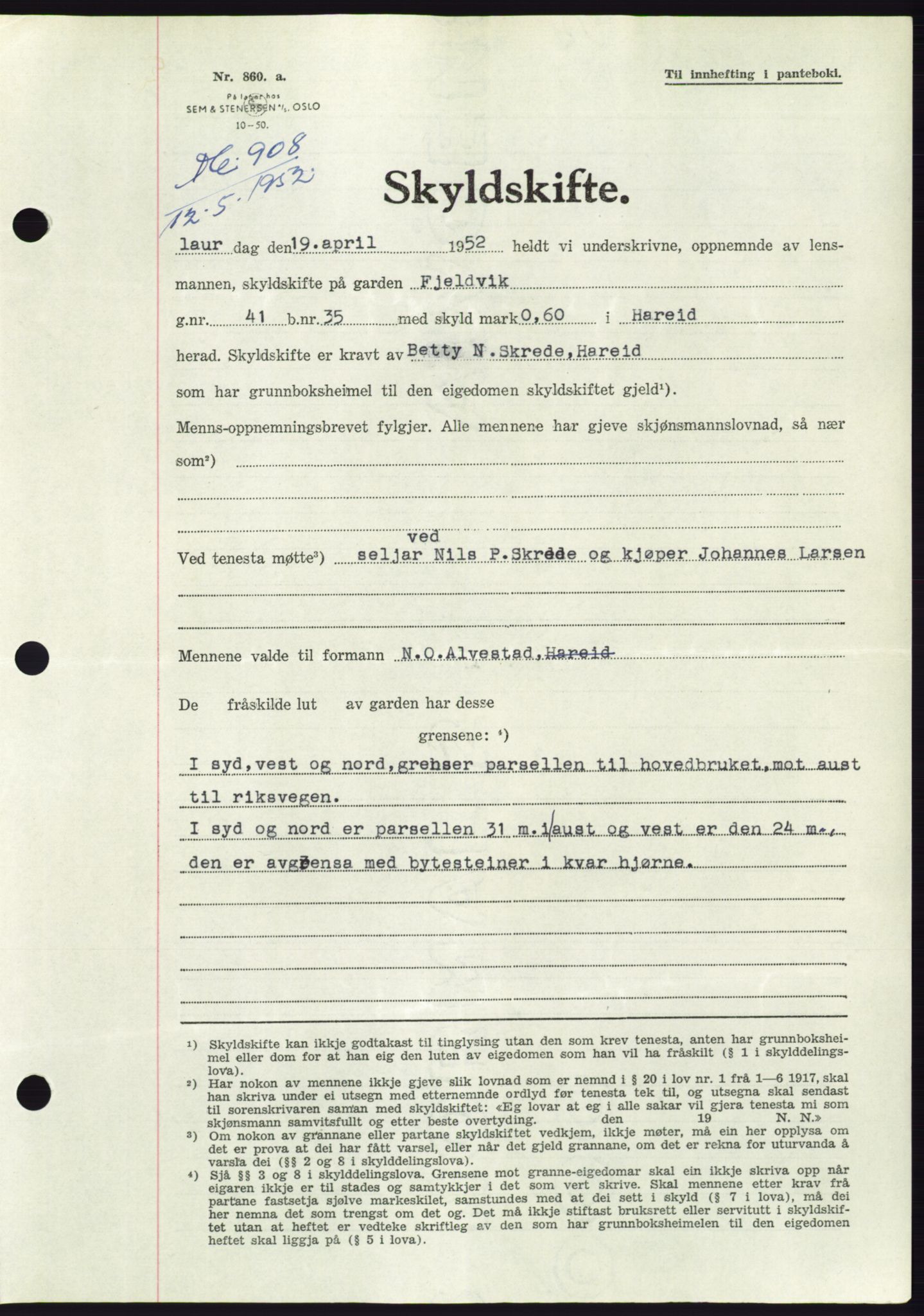 Søre Sunnmøre sorenskriveri, AV/SAT-A-4122/1/2/2C/L0092: Pantebok nr. 18A, 1952-1952, Dagboknr: 908/1952