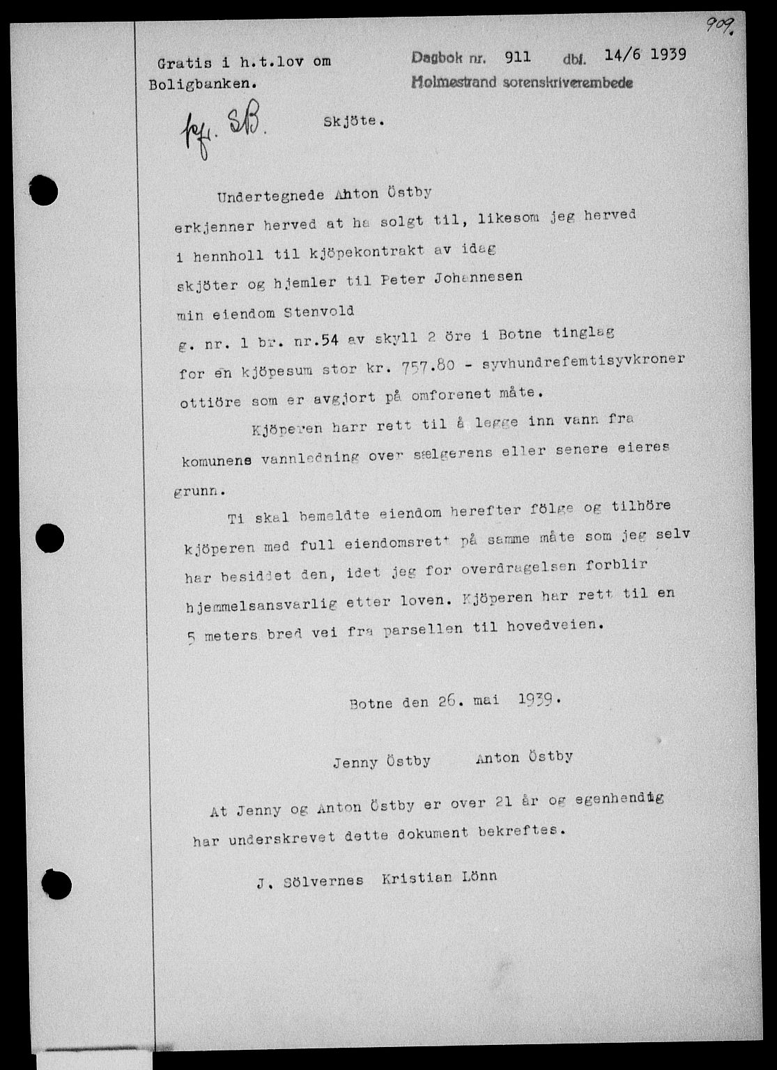 Holmestrand sorenskriveri, SAKO/A-67/G/Ga/Gaa/L0050: Pantebok nr. A-50, 1938-1939, Dagboknr: 911/1939