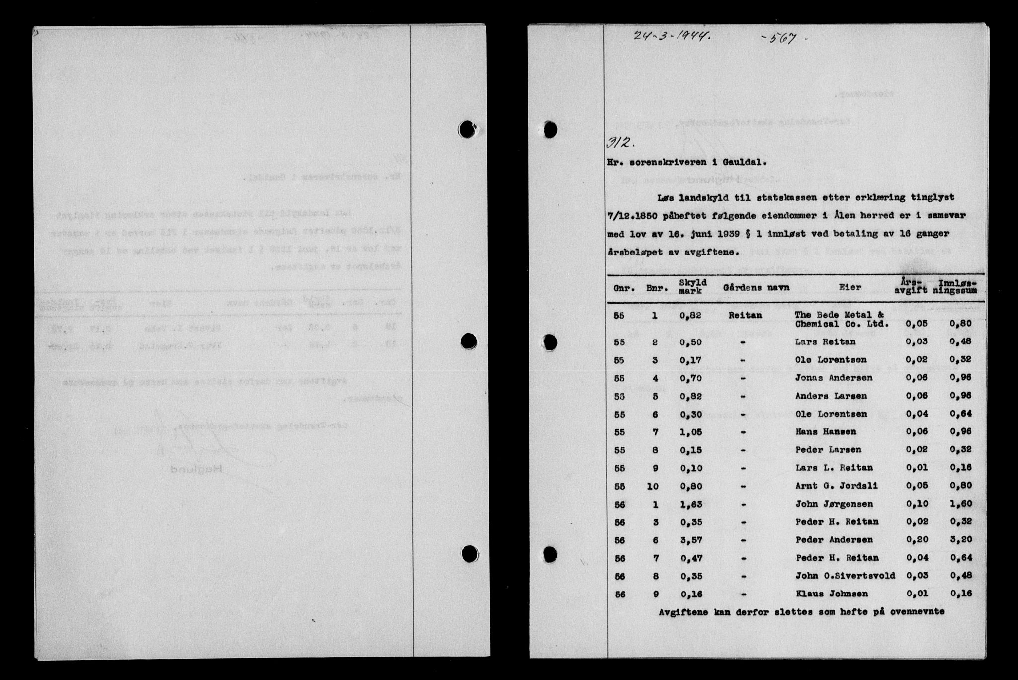 Gauldal sorenskriveri, SAT/A-0014/1/2/2C/L0057: Pantebok nr. 62, 1943-1944, Dagboknr: 312/1944