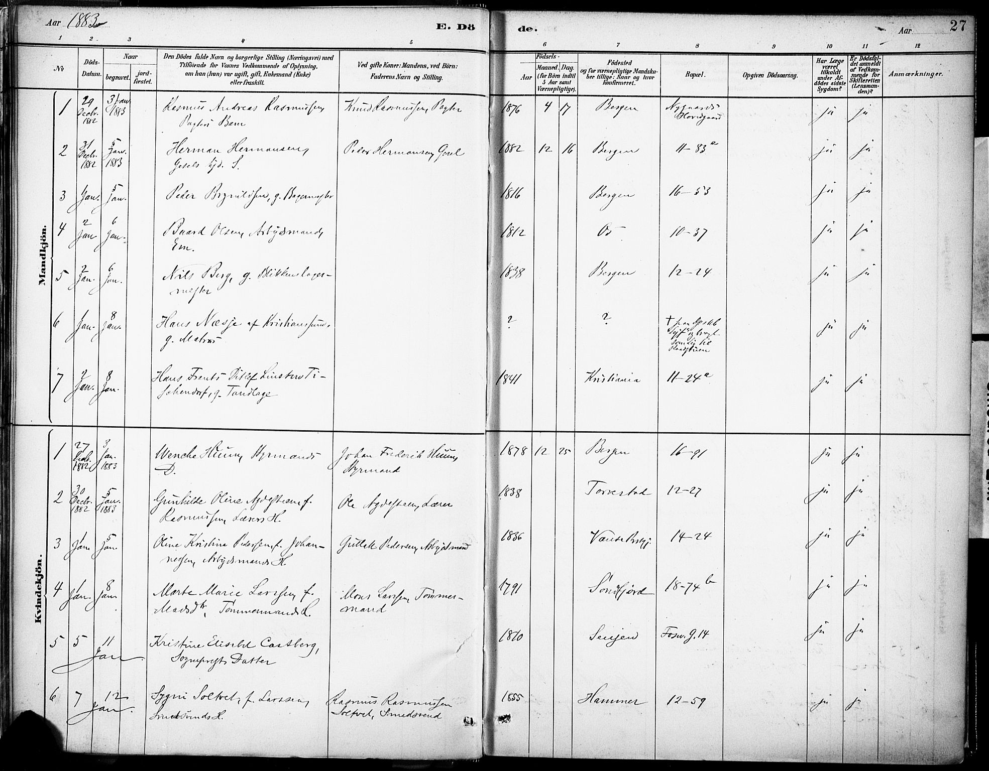 Domkirken sokneprestembete, SAB/A-74801/H/Haa/L0043: Ministerialbok nr. E 5, 1882-1904, s. 27