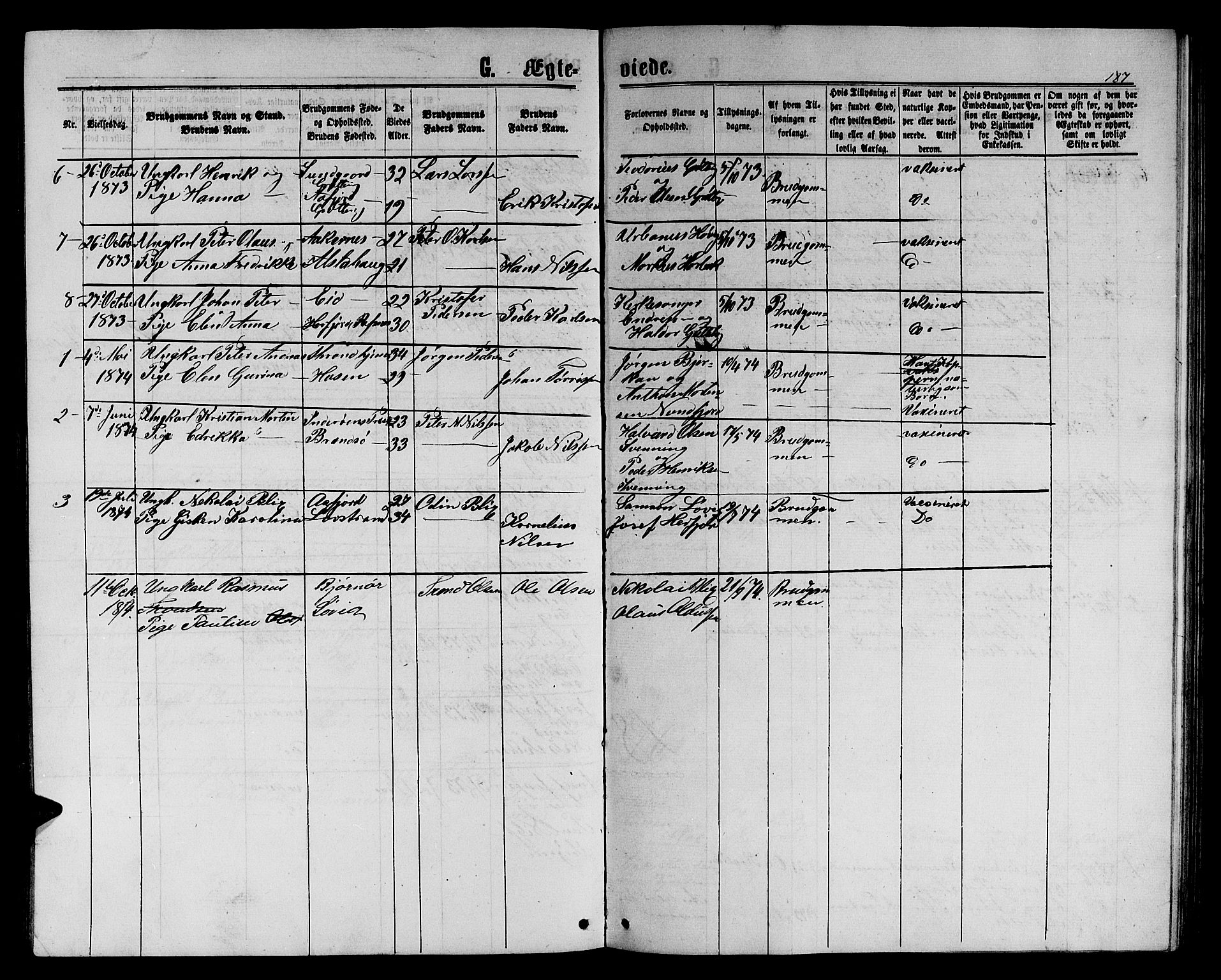 Ministerialprotokoller, klokkerbøker og fødselsregistre - Sør-Trøndelag, SAT/A-1456/656/L0695: Klokkerbok nr. 656C01, 1867-1889, s. 187