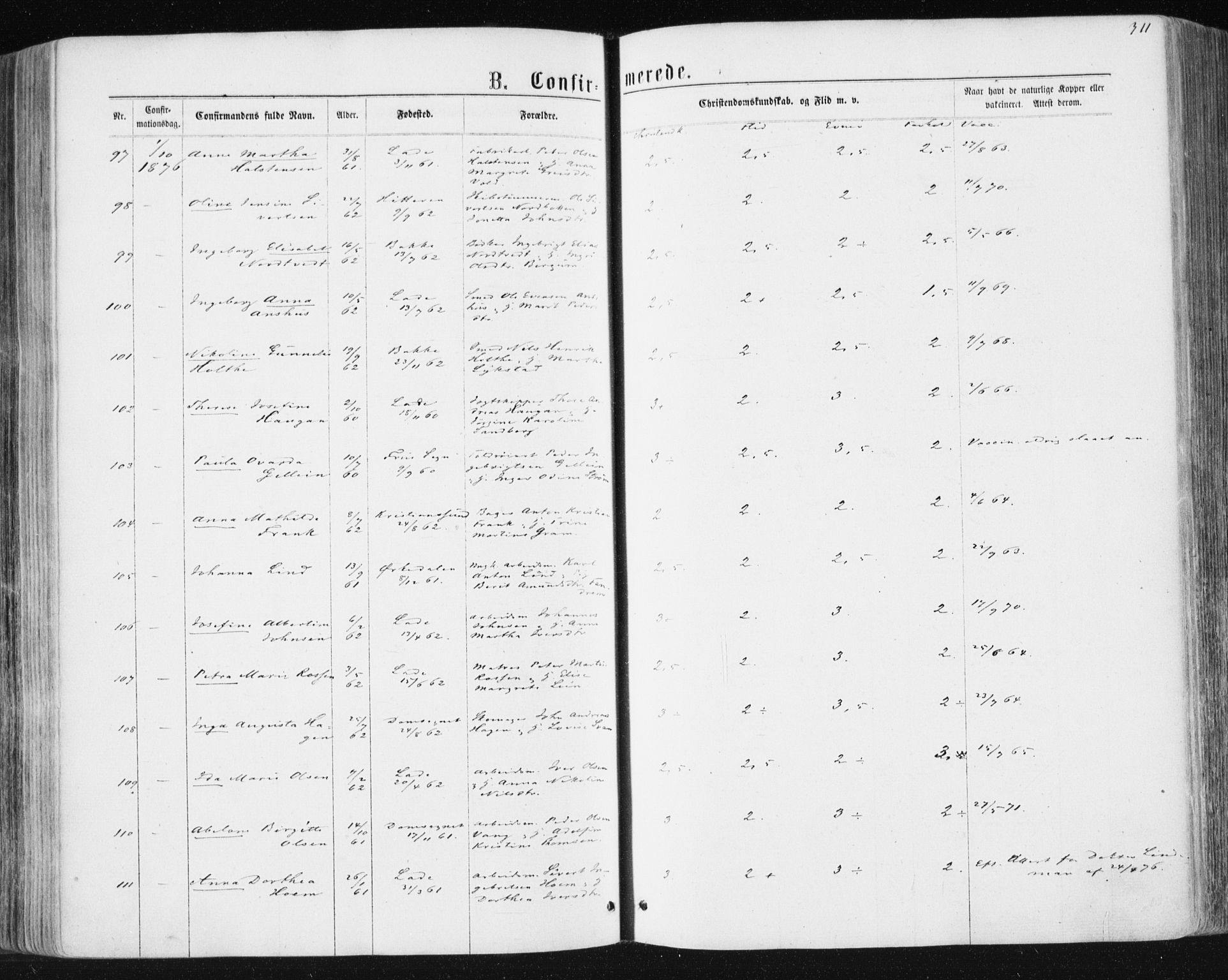 Ministerialprotokoller, klokkerbøker og fødselsregistre - Sør-Trøndelag, SAT/A-1456/604/L0186: Ministerialbok nr. 604A07, 1866-1877, s. 311
