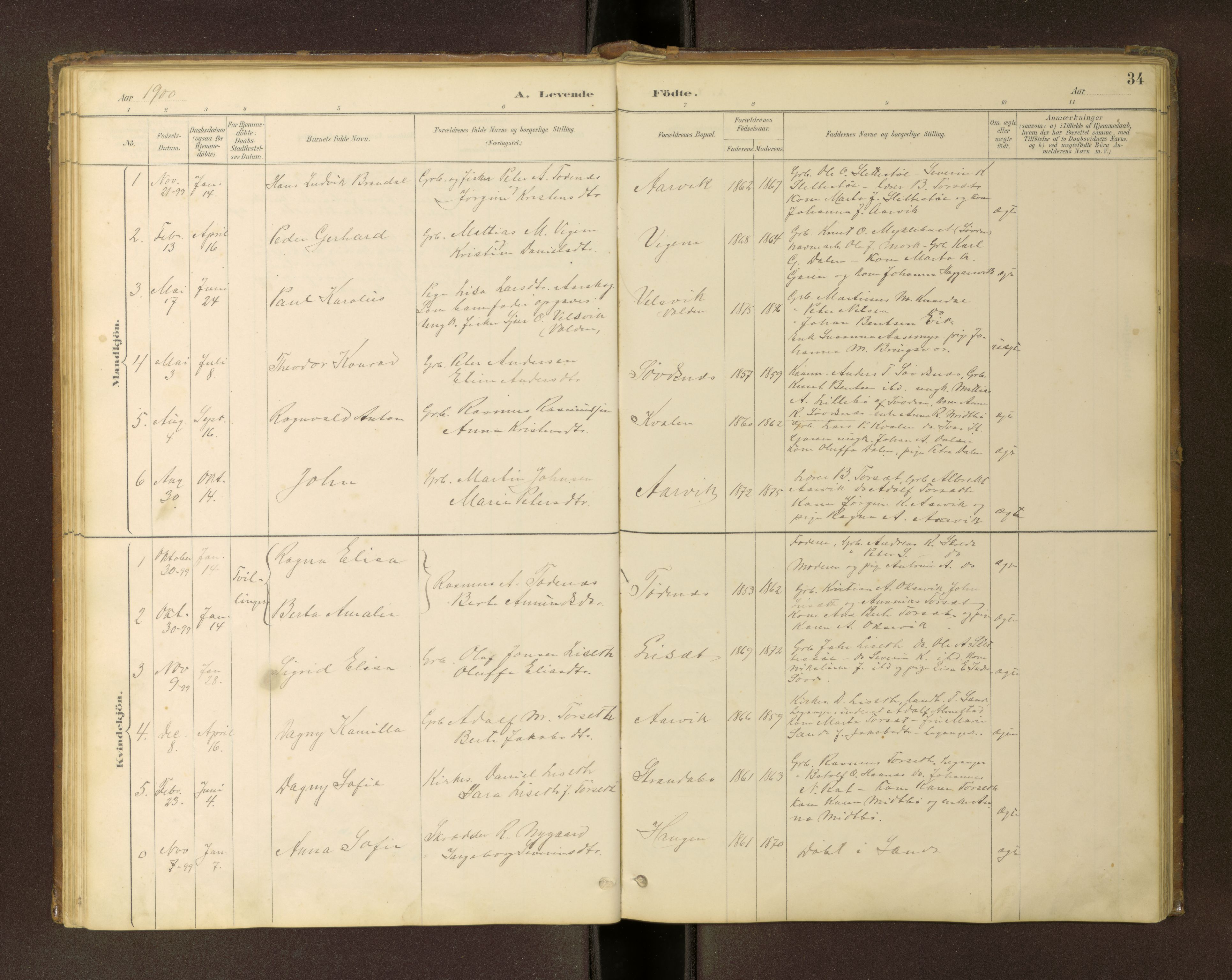 Ministerialprotokoller, klokkerbøker og fødselsregistre - Møre og Romsdal, AV/SAT-A-1454/504/L0060: Klokkerbok nr. 504C02, 1884-1903, s. 34