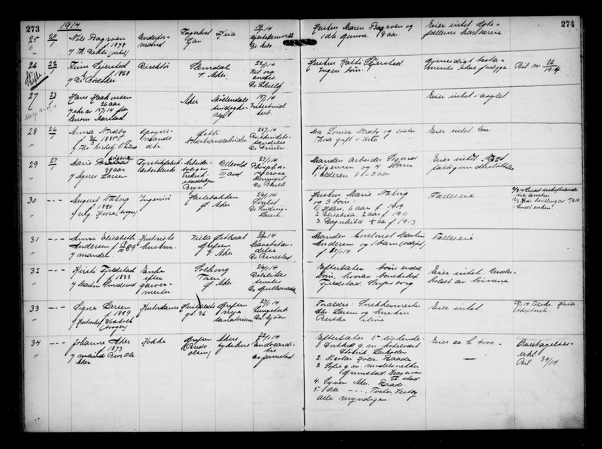 Aker kriminaldommer, skifte- og auksjonsforvalterembete, AV/SAO-A-10452/H/Hb/Hba/Hbaa/L0003: Dødsfallsprotokoll, 1912-1914, s. 273-274