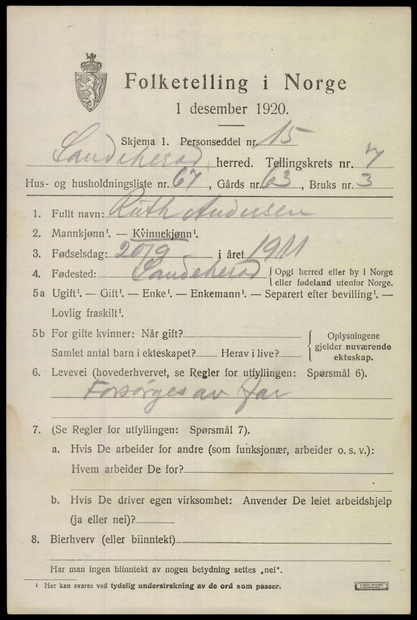 SAKO, Folketelling 1920 for 0724 Sandeherred herred, 1920, s. 12704