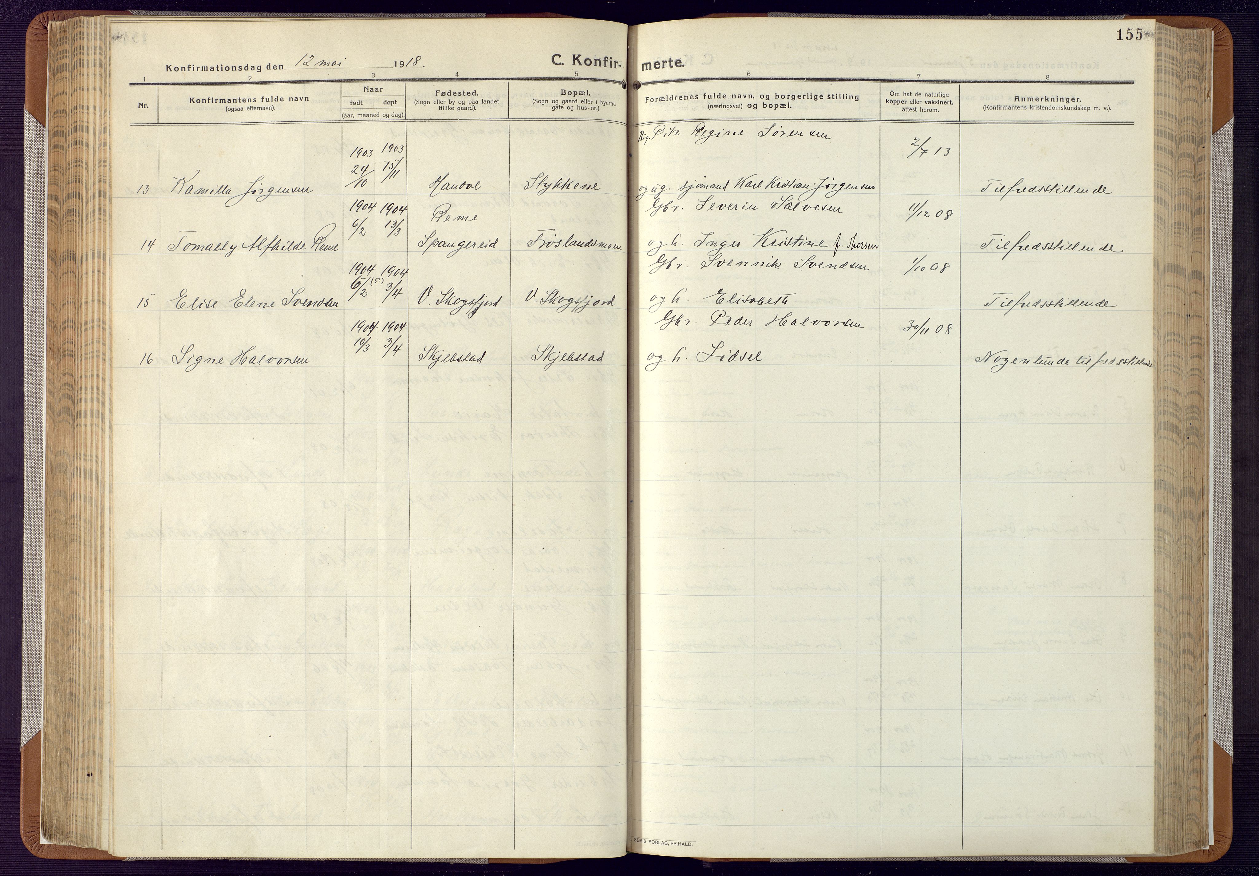 Mandal sokneprestkontor, SAK/1111-0030/F/Fa/Faa/L0022: Ministerialbok nr. A 22, 1913-1925, s. 155