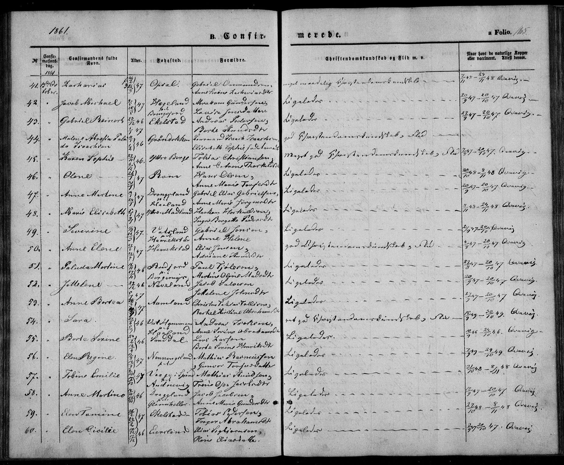 Lyngdal sokneprestkontor, AV/SAK-1111-0029/F/Fa/Fac/L0009: Ministerialbok nr. A 9, 1852-1864, s. 165