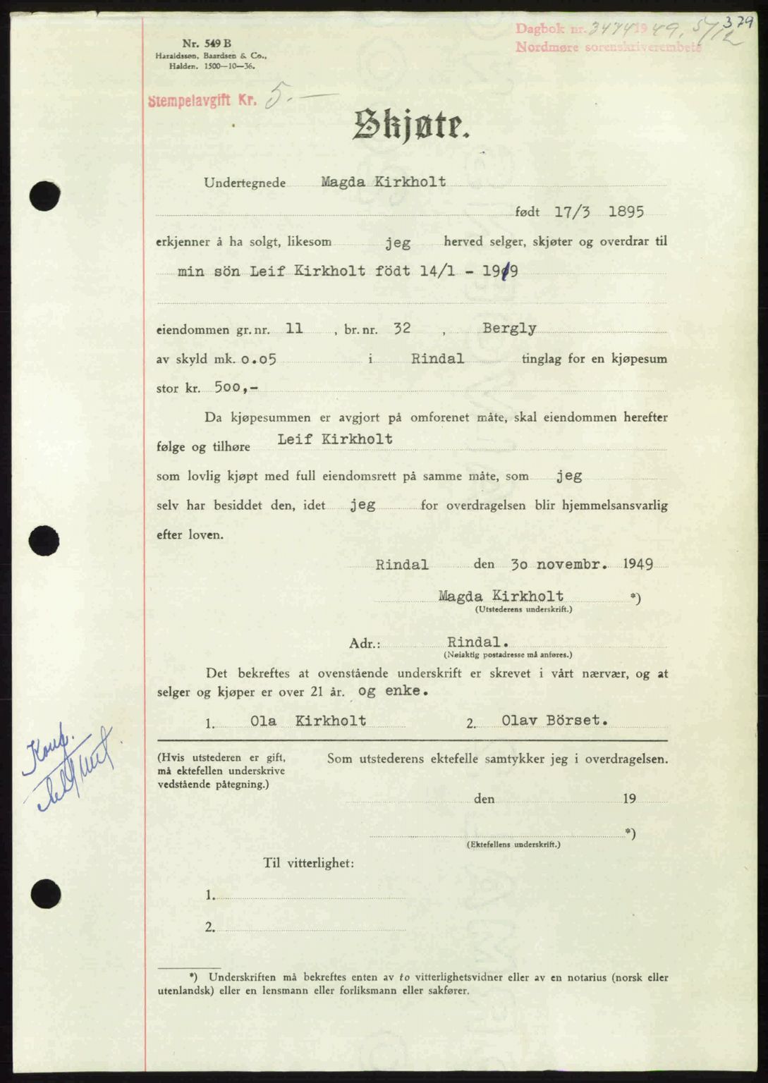 Nordmøre sorenskriveri, AV/SAT-A-4132/1/2/2Ca: Pantebok nr. A113, 1949-1950, Dagboknr: 3474/1949