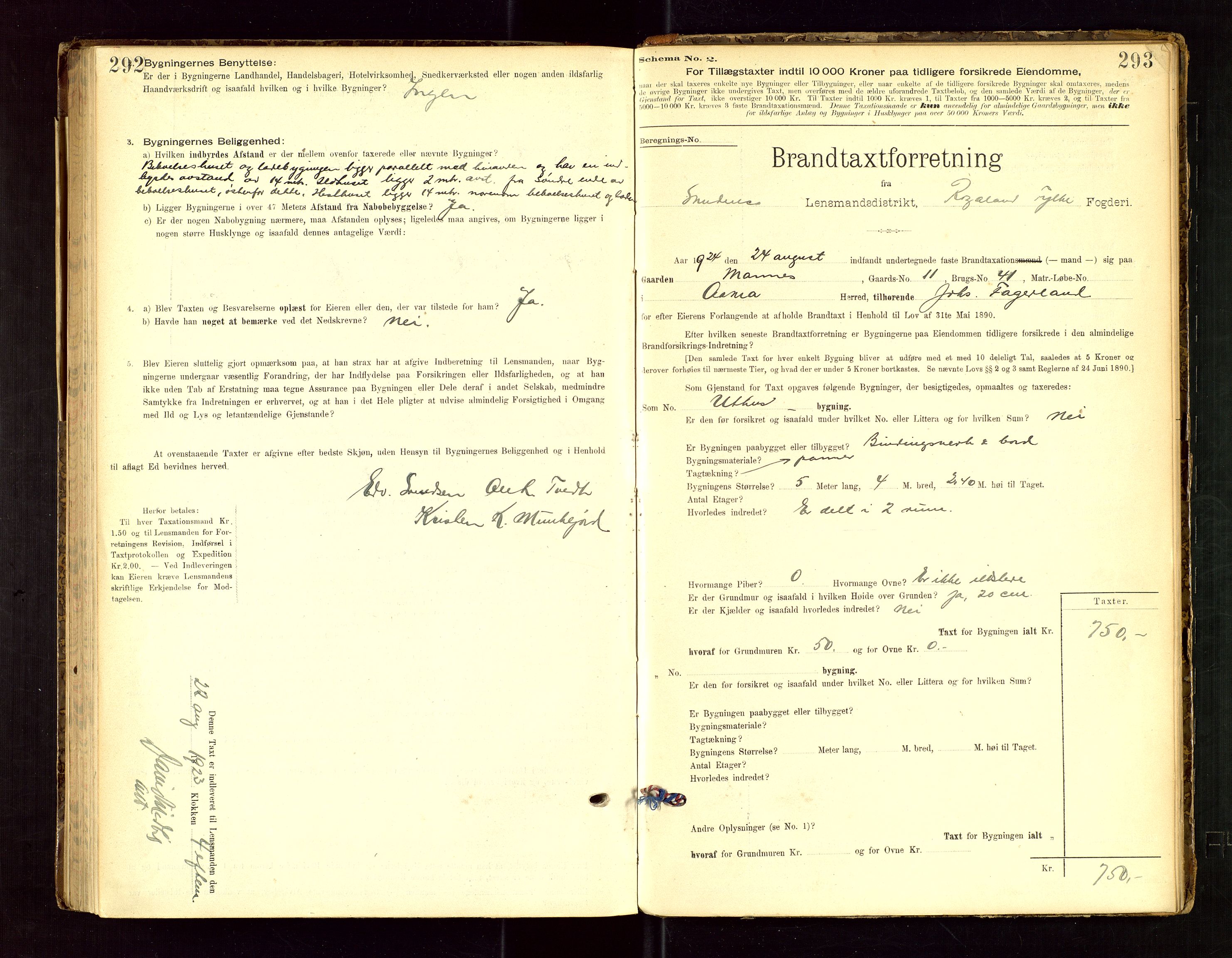 Skudenes lensmannskontor, AV/SAST-A-100444/Gob/L0001: "Brandtaxationsprotokoll", 1895-1924, s. 292-293