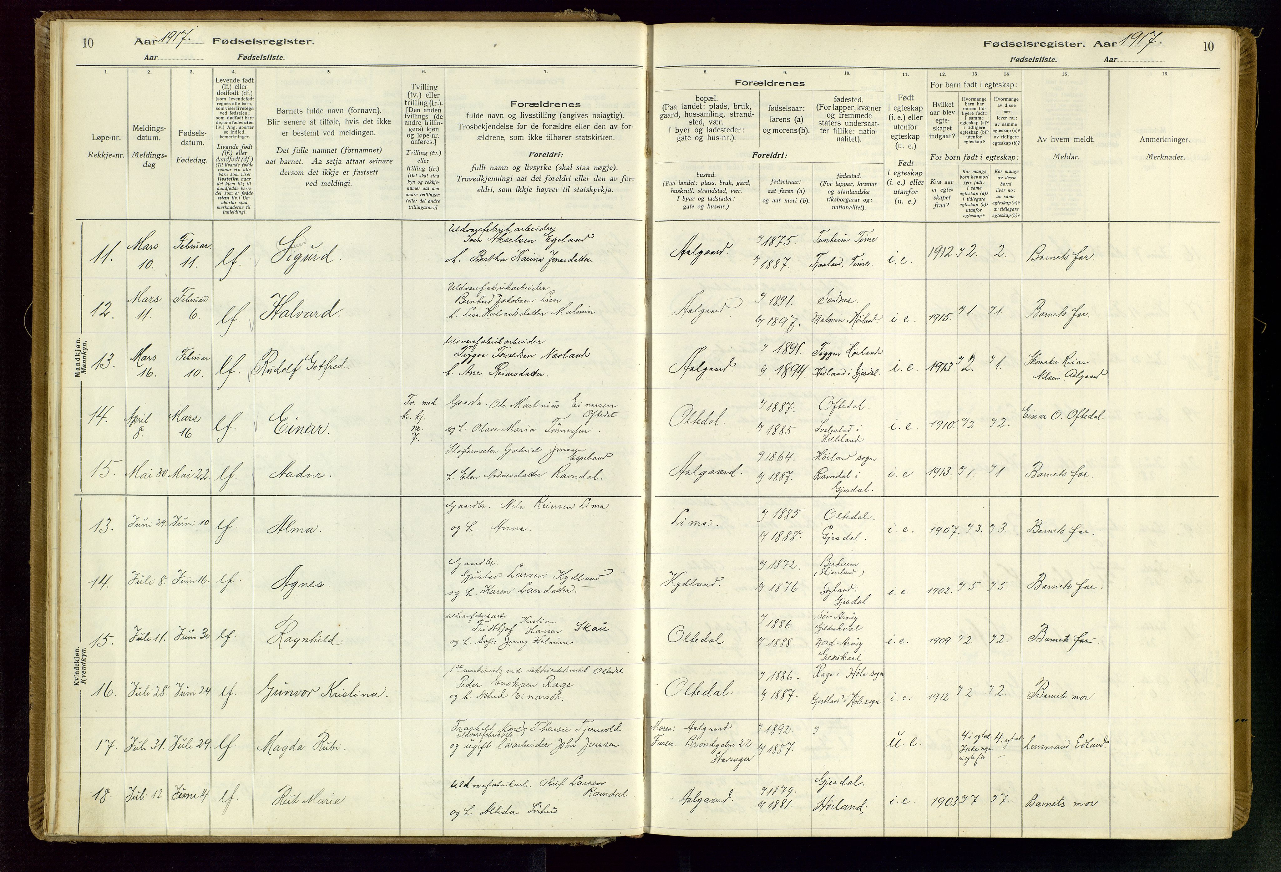 Gjesdal sokneprestkontor, SAST/A-101796/002/O/L0001: Fødselsregister nr. 1, 1916-1949, s. 10