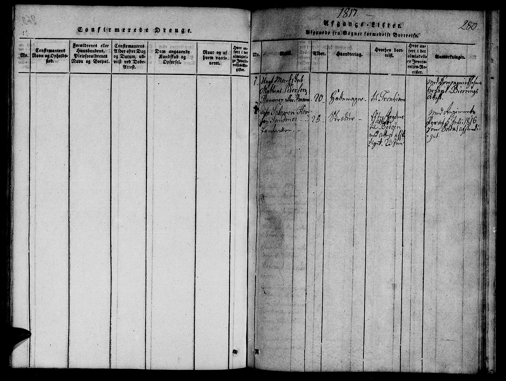 Ministerialprotokoller, klokkerbøker og fødselsregistre - Nord-Trøndelag, SAT/A-1458/764/L0546: Ministerialbok nr. 764A06 /1, 1816-1823, s. 280