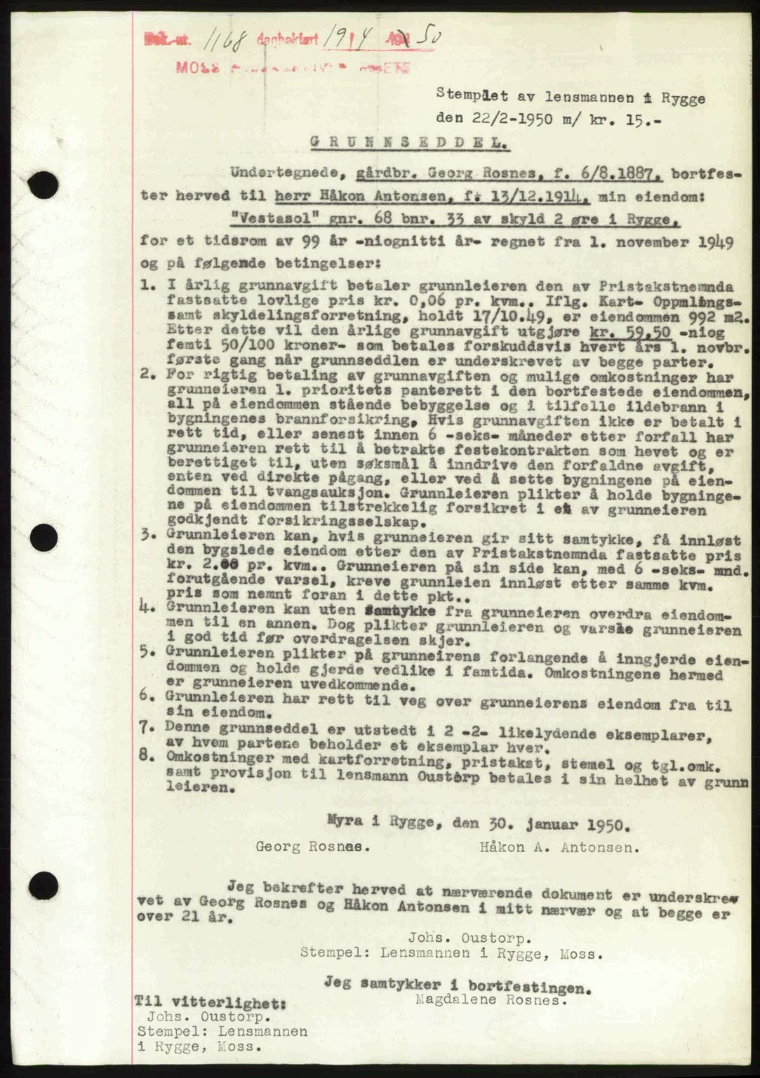 Moss sorenskriveri, SAO/A-10168: Pantebok nr. A25, 1950-1950, Dagboknr: 1168/1950