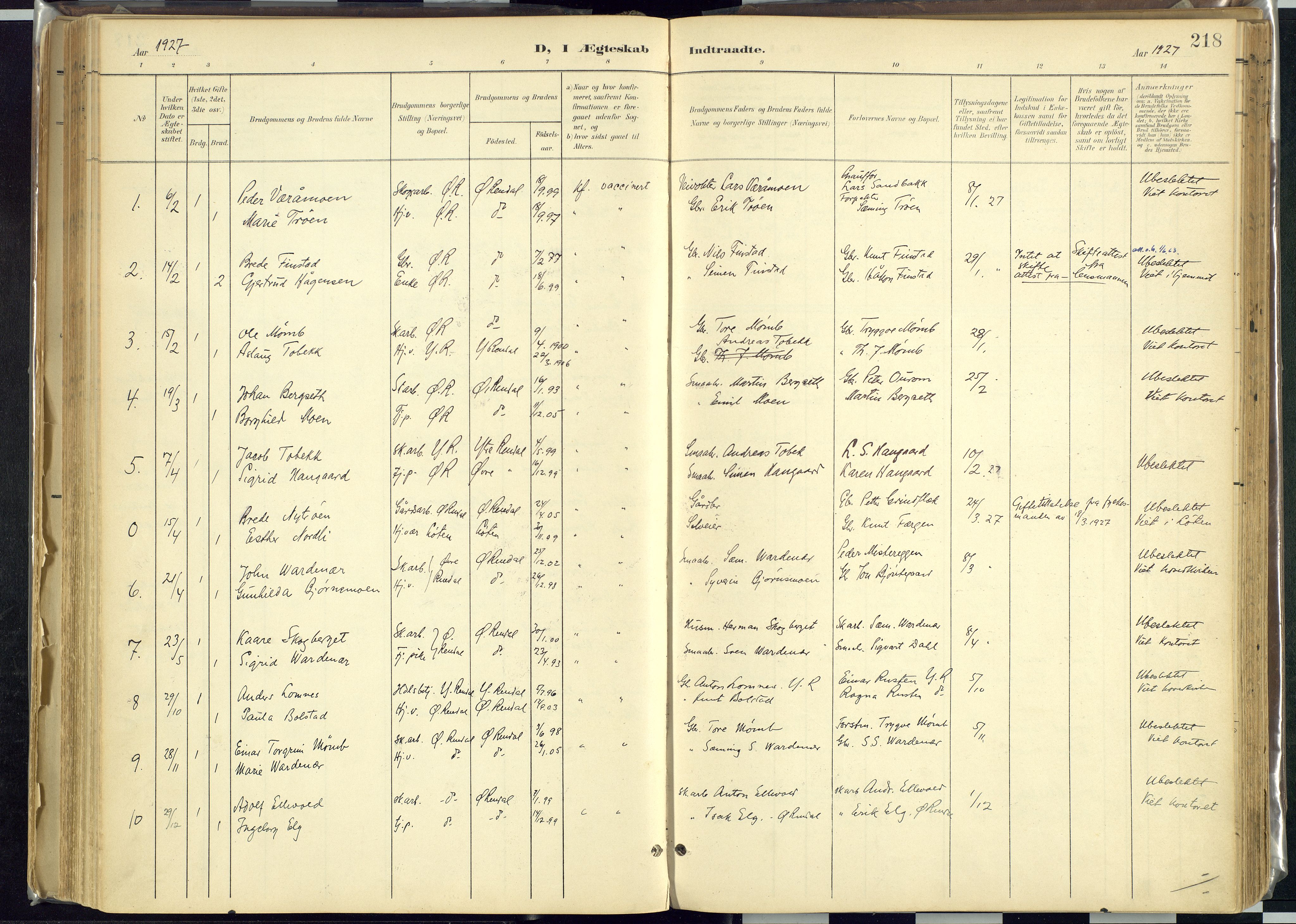 Rendalen prestekontor, AV/SAH-PREST-054/H/Ha/Haa/L0012: Ministerialbok nr. 12, 1901-1928, s. 218