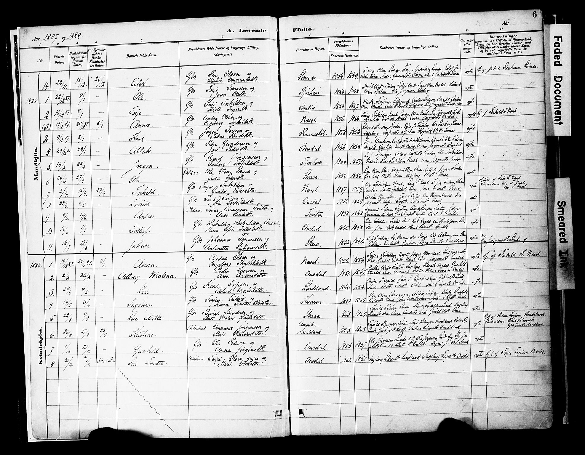 Sirdal sokneprestkontor, AV/SAK-1111-0036/F/Fa/Faa/L0001: Ministerialbok nr. A 1, 1887-1910, s. 6