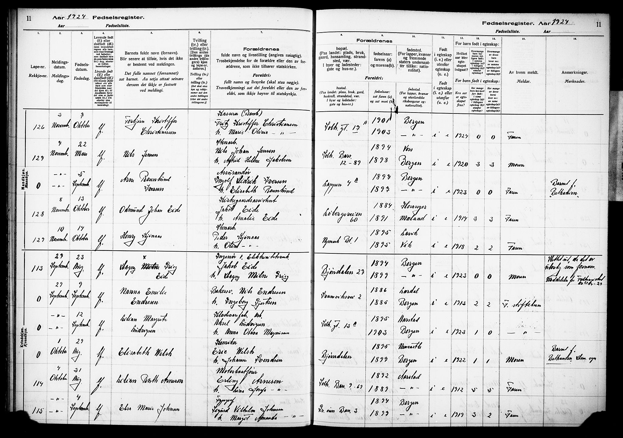 Årstad Sokneprestembete, AV/SAB-A-79301/I/Id/L0A03: Fødselsregister nr. A 3, 1924-1929, s. 11