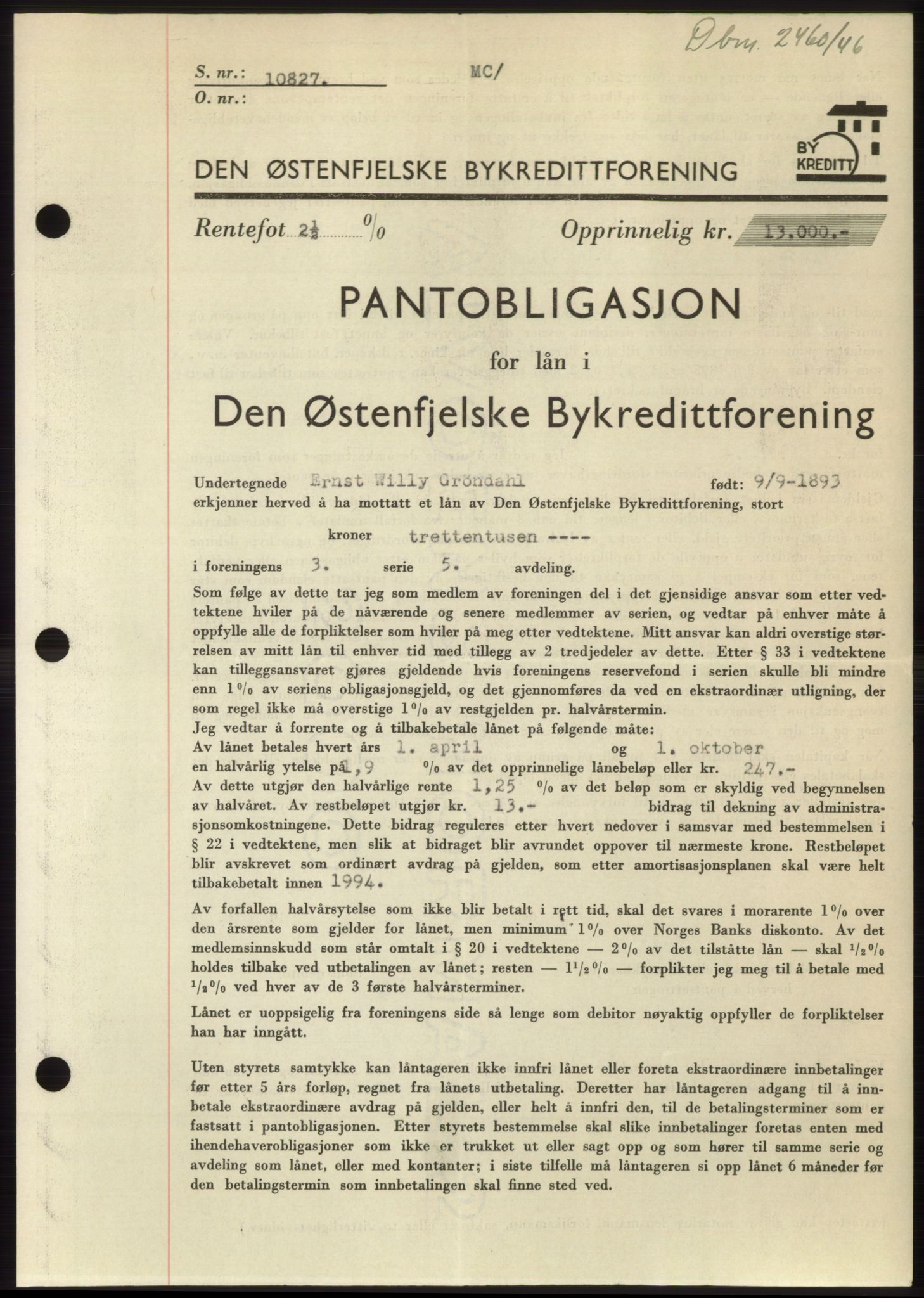 Moss sorenskriveri, SAO/A-10168: Pantebok nr. B16, 1946-1947, Dagboknr: 2460/1946