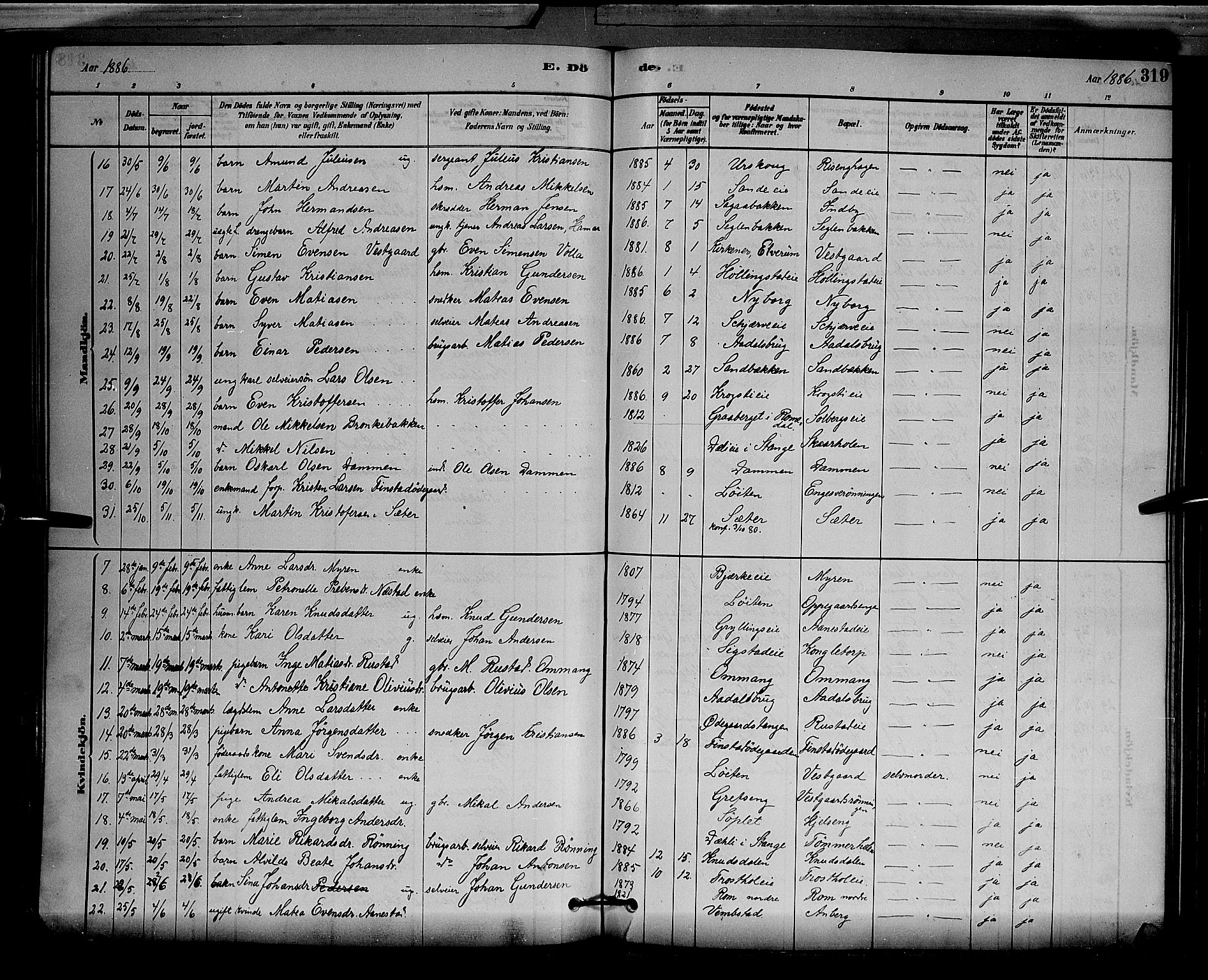 Løten prestekontor, AV/SAH-PREST-022/L/La/L0005: Klokkerbok nr. 5, 1878-1891, s. 319