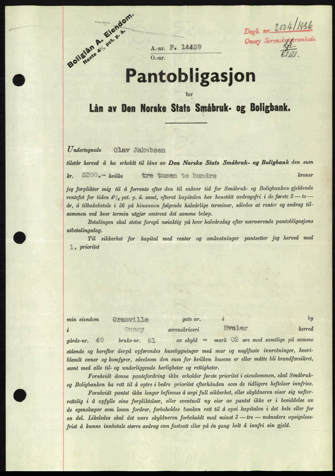 Onsøy sorenskriveri, SAO/A-10474/G/Ga/Gac/L0001: Pantebok nr. B1, 1936-1938, Dagboknr: 2004/1936