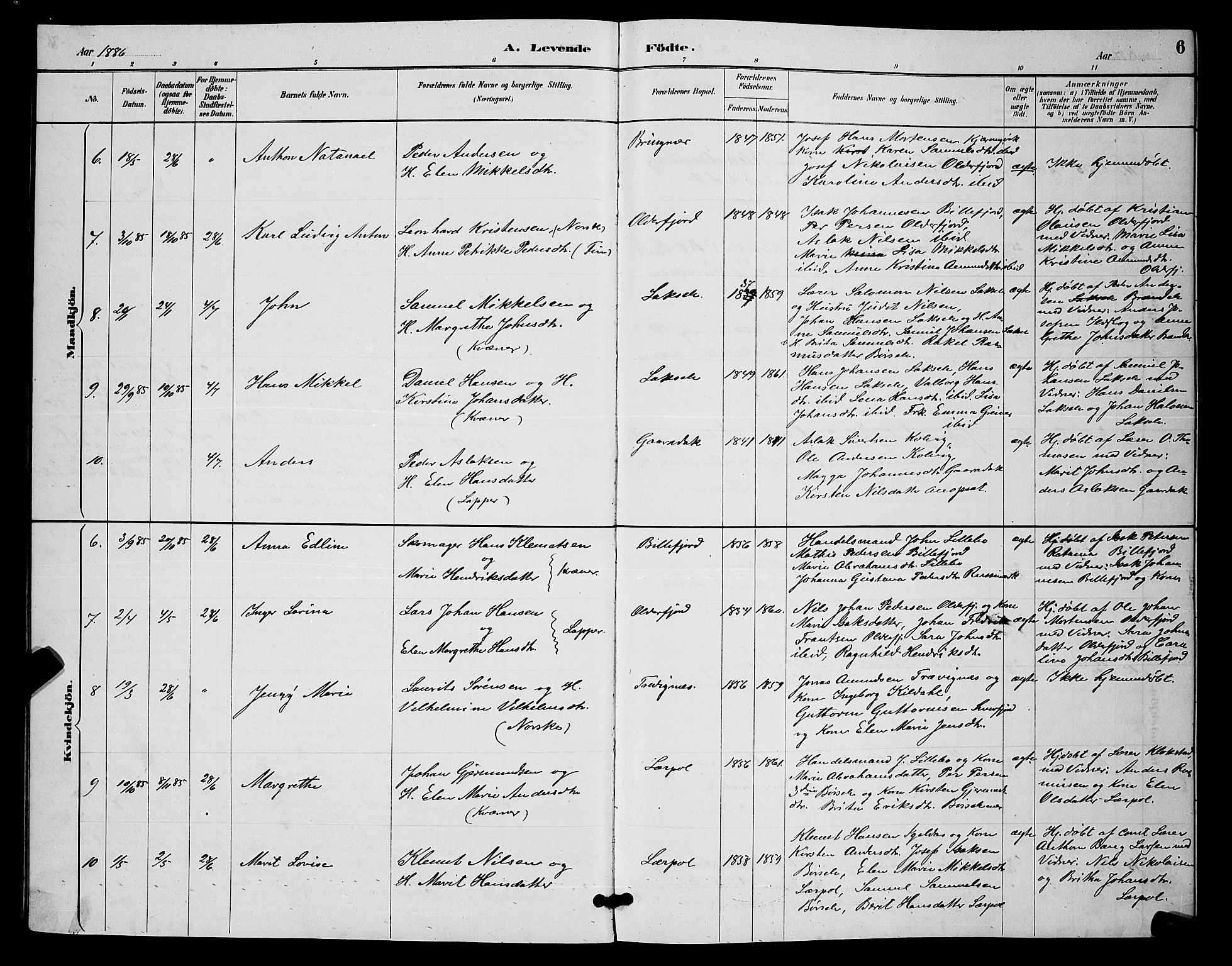 Kistrand/Porsanger sokneprestembete, AV/SATØ-S-1351/H/Hb/L0004.klokk: Klokkerbok nr. 4, 1885-1894, s. 6