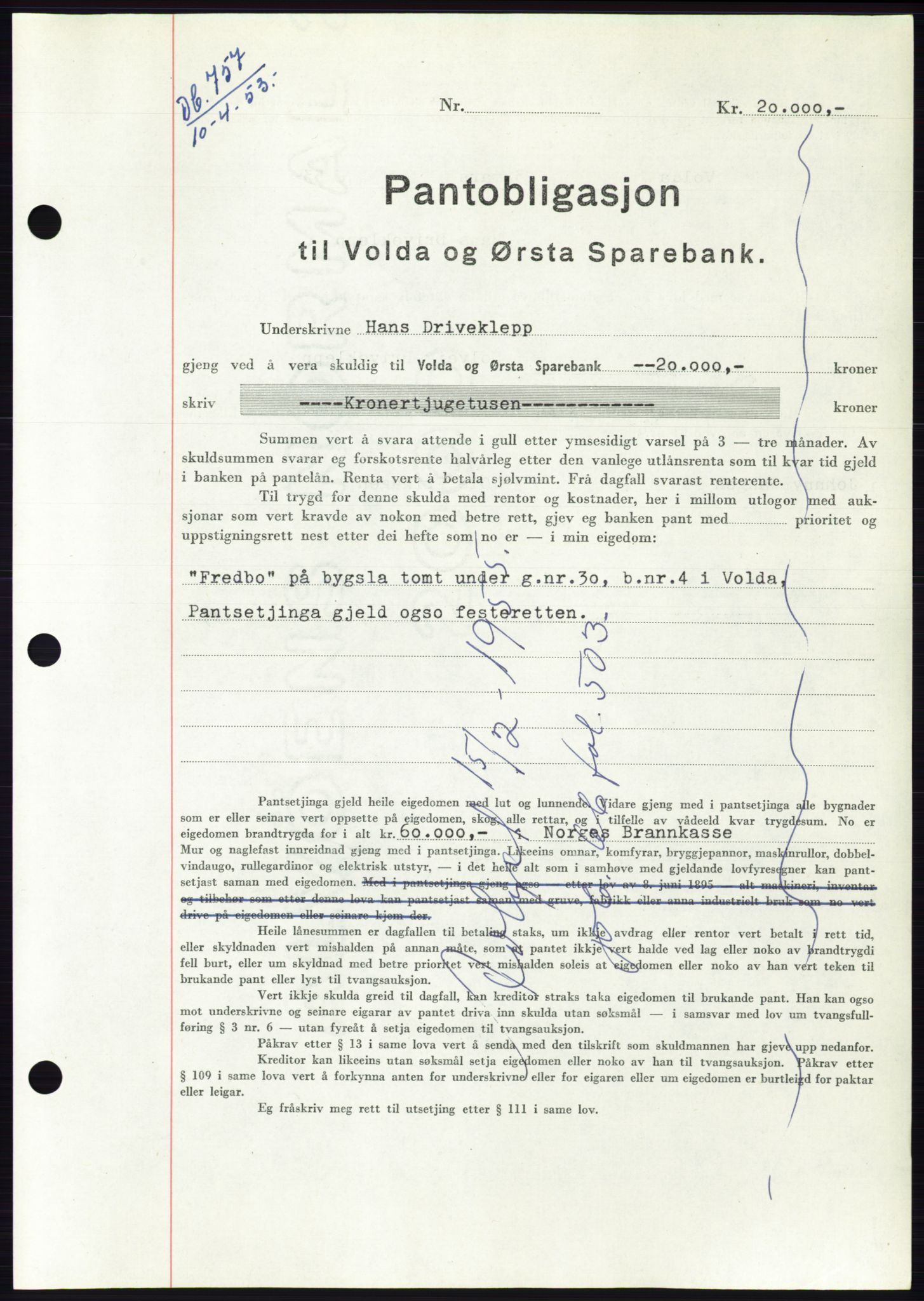 Søre Sunnmøre sorenskriveri, SAT/A-4122/1/2/2C/L0123: Pantebok nr. 11B, 1953-1953, Dagboknr: 757/1953