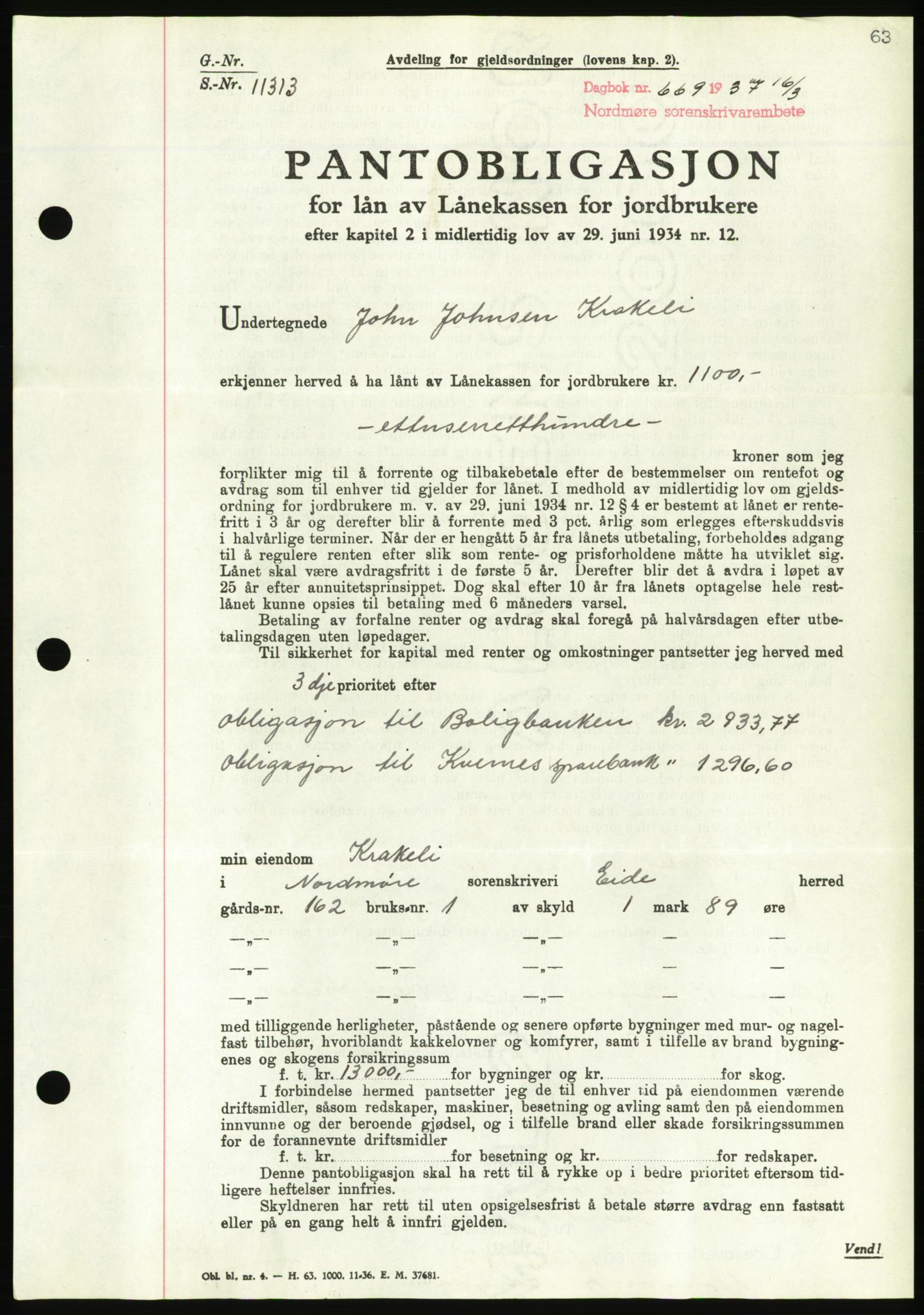 Nordmøre sorenskriveri, AV/SAT-A-4132/1/2/2Ca/L0091: Pantebok nr. B81, 1937-1937, Dagboknr: 669/1937