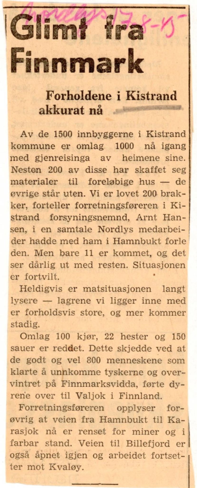 Finnmarkskontorets presse- og opplysningsarkiv , FMFB/A-1198/E/L0009/0006: 7. Opplysninger om herreder / kommuner i Nord-Troms og Finnmark / Kistrand