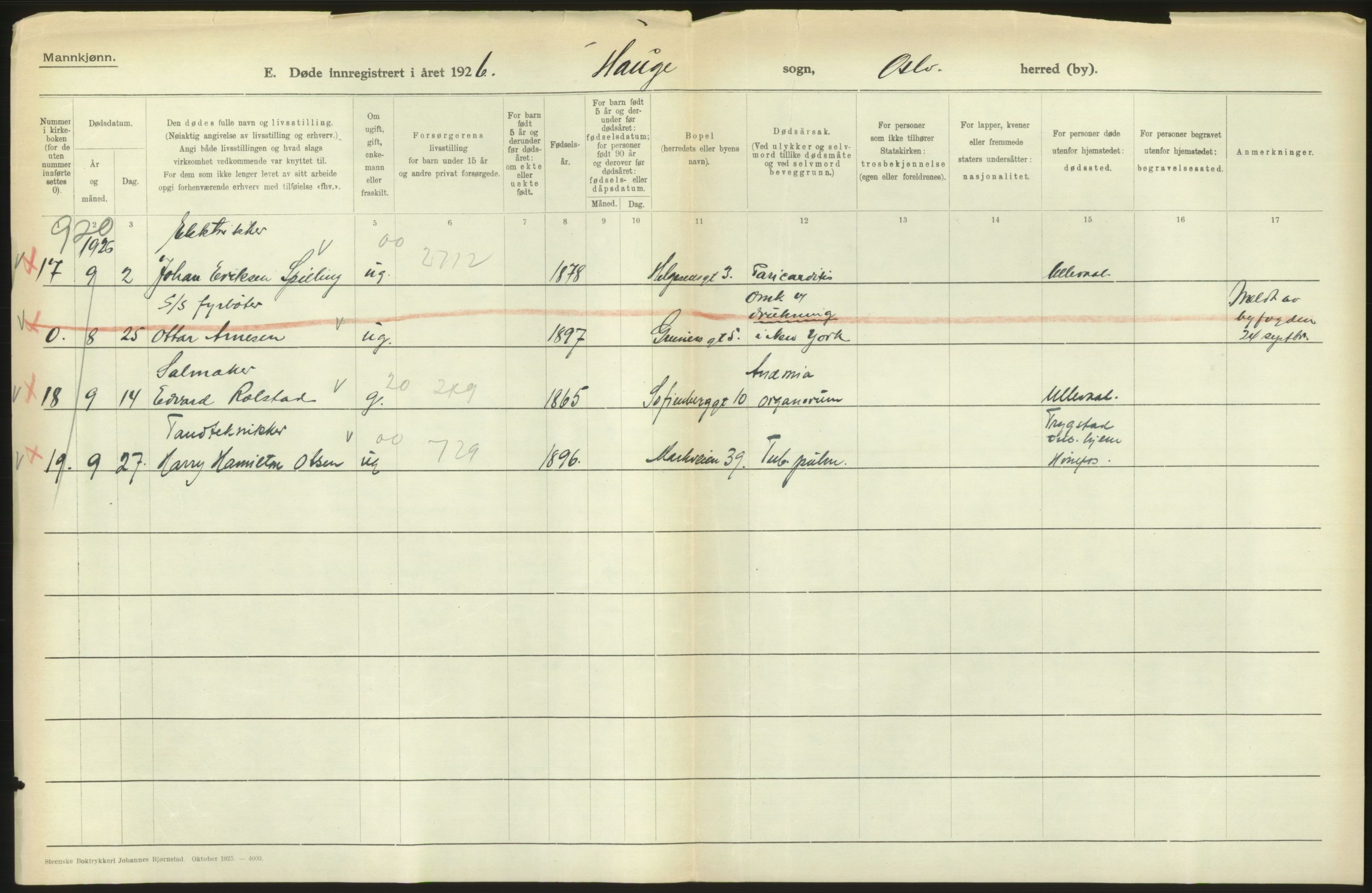 Statistisk sentralbyrå, Sosiodemografiske emner, Befolkning, AV/RA-S-2228/D/Df/Dfc/Dfcf/L0009: Oslo: Døde menn, 1926, s. 502