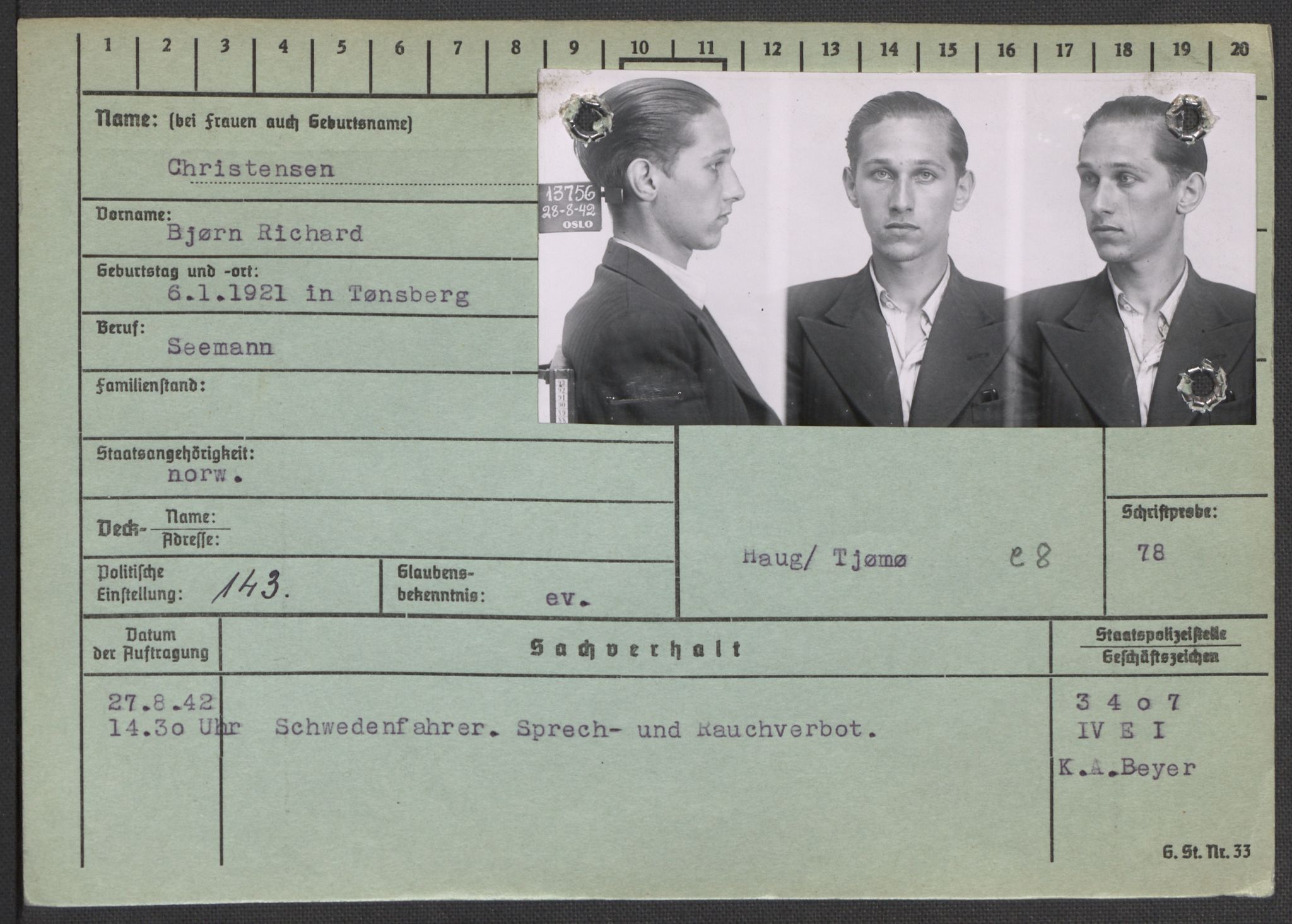 Befehlshaber der Sicherheitspolizei und des SD, AV/RA-RAFA-5969/E/Ea/Eaa/L0002: Register over norske fanger i Møllergata 19: Bj-Eng, 1940-1945, s. 693