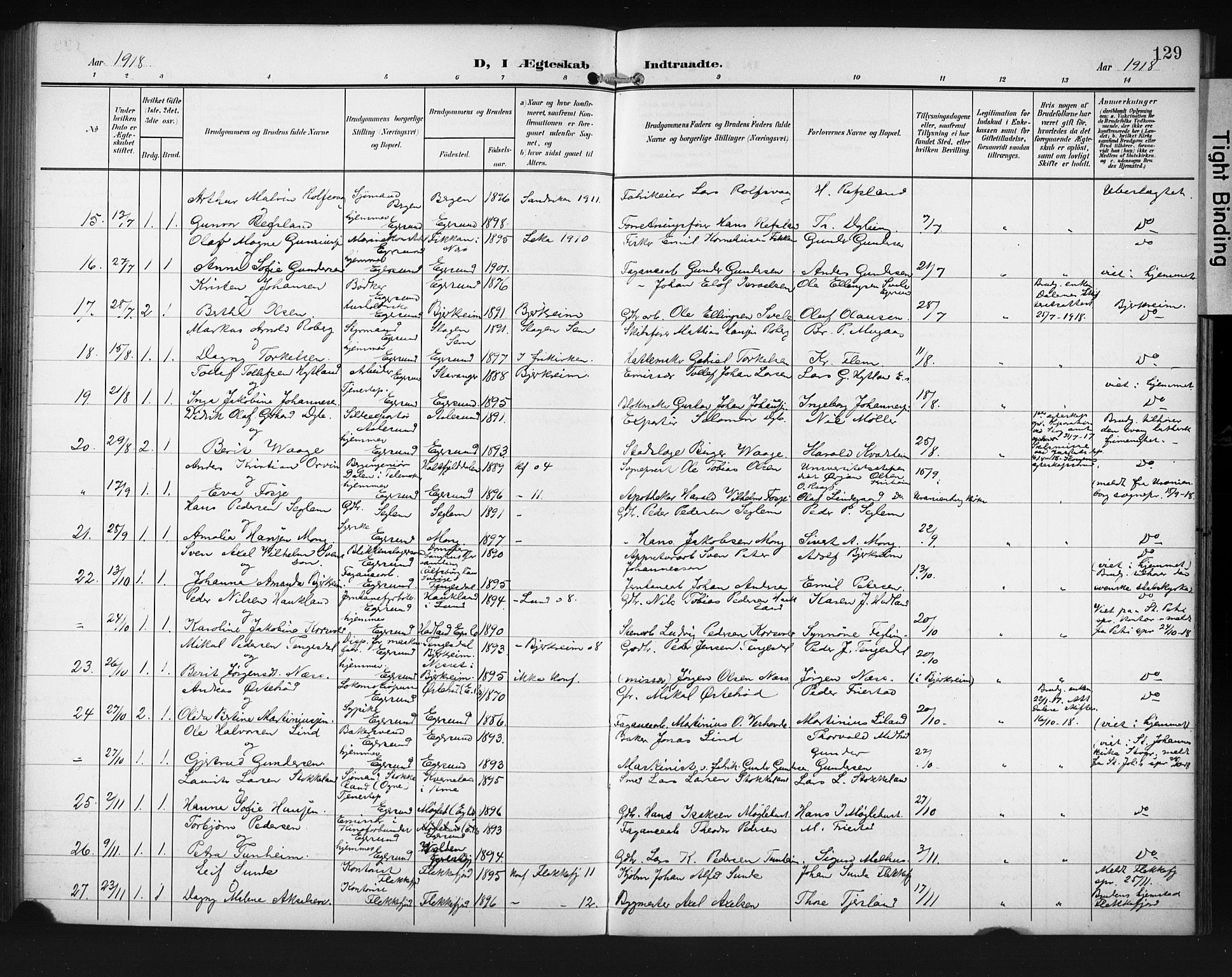 Eigersund sokneprestkontor, AV/SAST-A-101807/S09/L0012: Klokkerbok nr. B 12, 1908-1930, s. 129