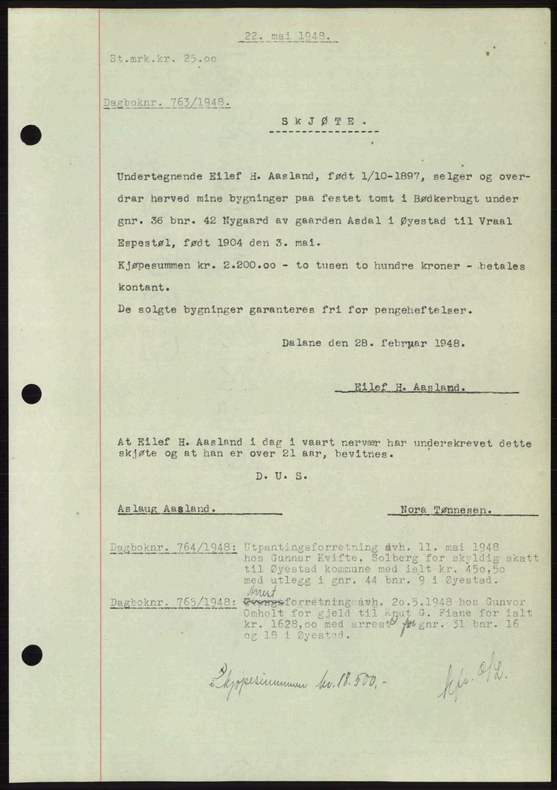 Nedenes sorenskriveri, AV/SAK-1221-0006/G/Gb/Gba/L0059: Pantebok nr. A11, 1948-1948, Dagboknr: 763/1948